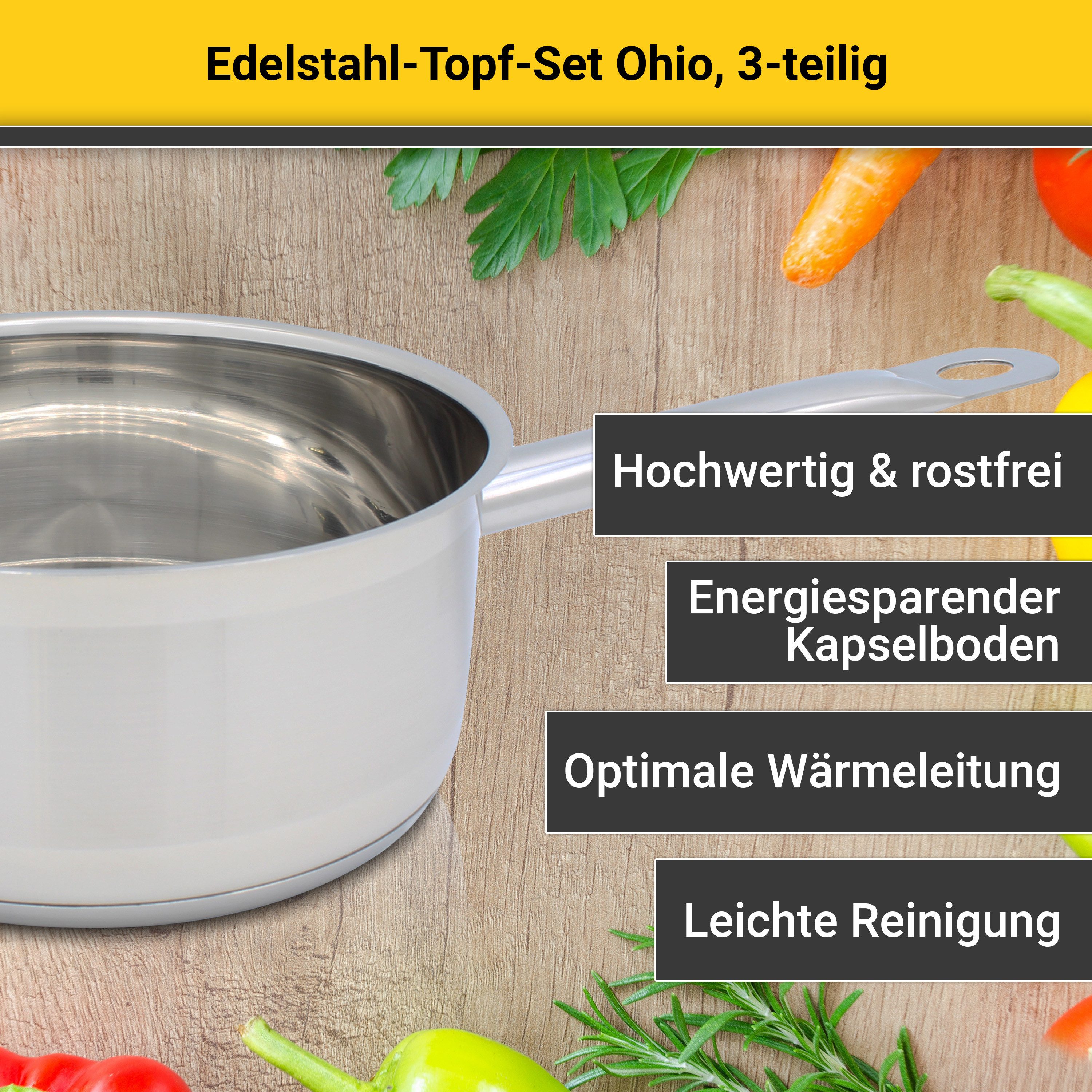 Krüger Topf-Set Ohio, Edelstahl (Set, 5-tlg., 1x Bratentopf Ø 20 cm, 1x Fleischtopf Ø 16 cm, 1x Stieltopf Ø 16 cm), für Induktions-Kochfelder geeignet