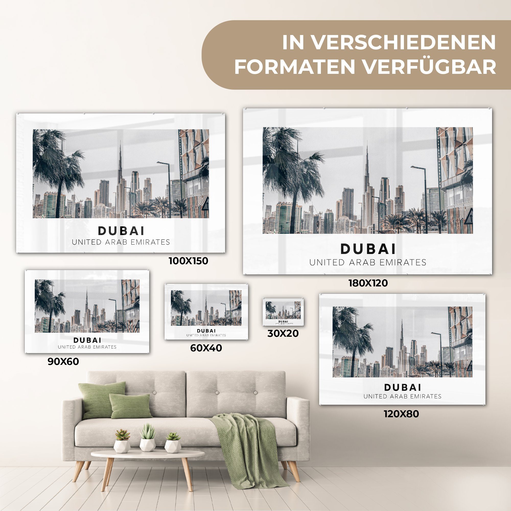 Acrylglasbild MuchoWow Dubai Foto Glas - (1 Wanddekoration Skyline auf Glasbilder Bilder - - St), Palme, auf Wandbild Glas - -