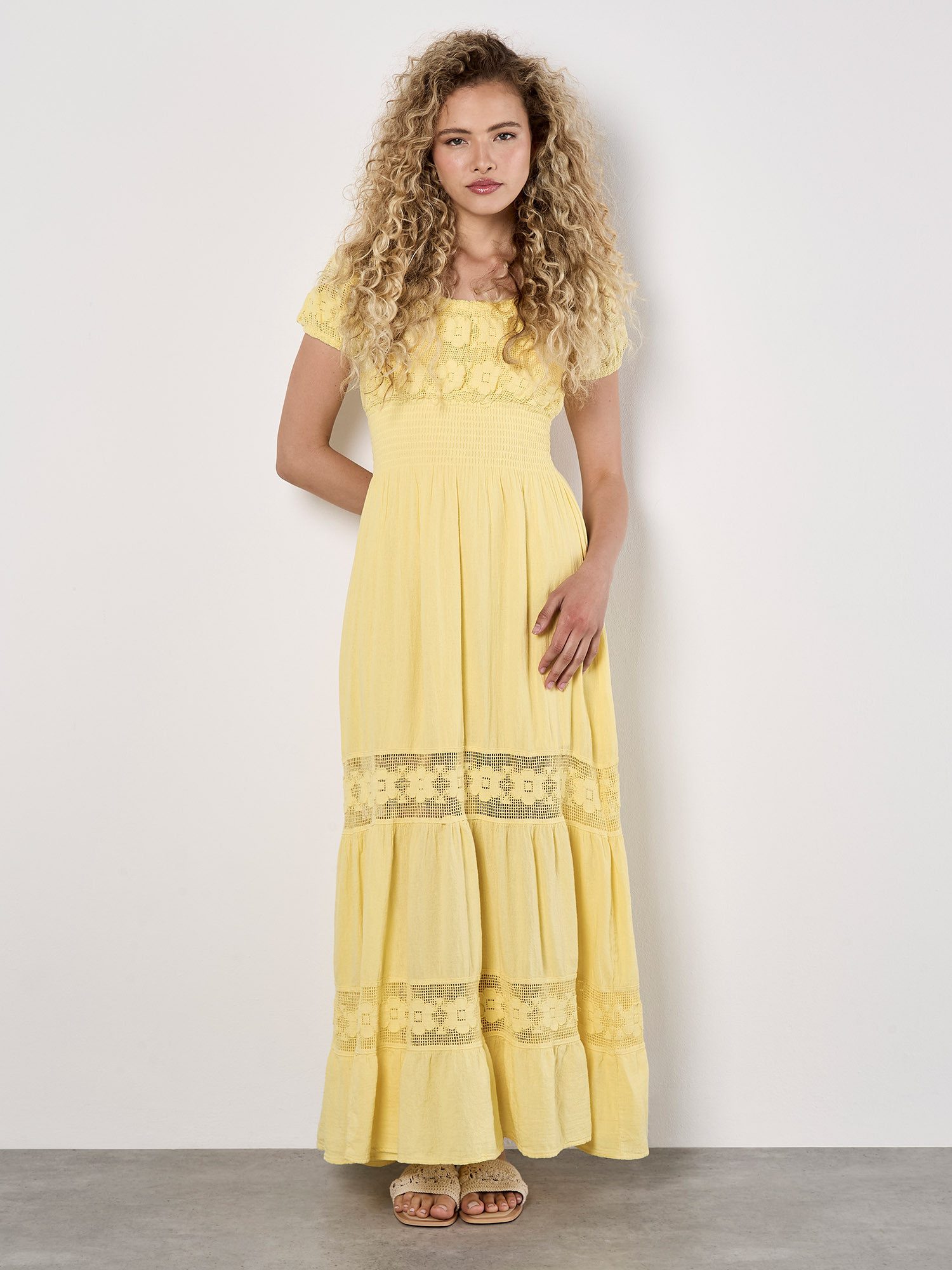 Apricot Maxikleid Maxikleid im Milchmädchen-Stil mit Blumen-Spitze