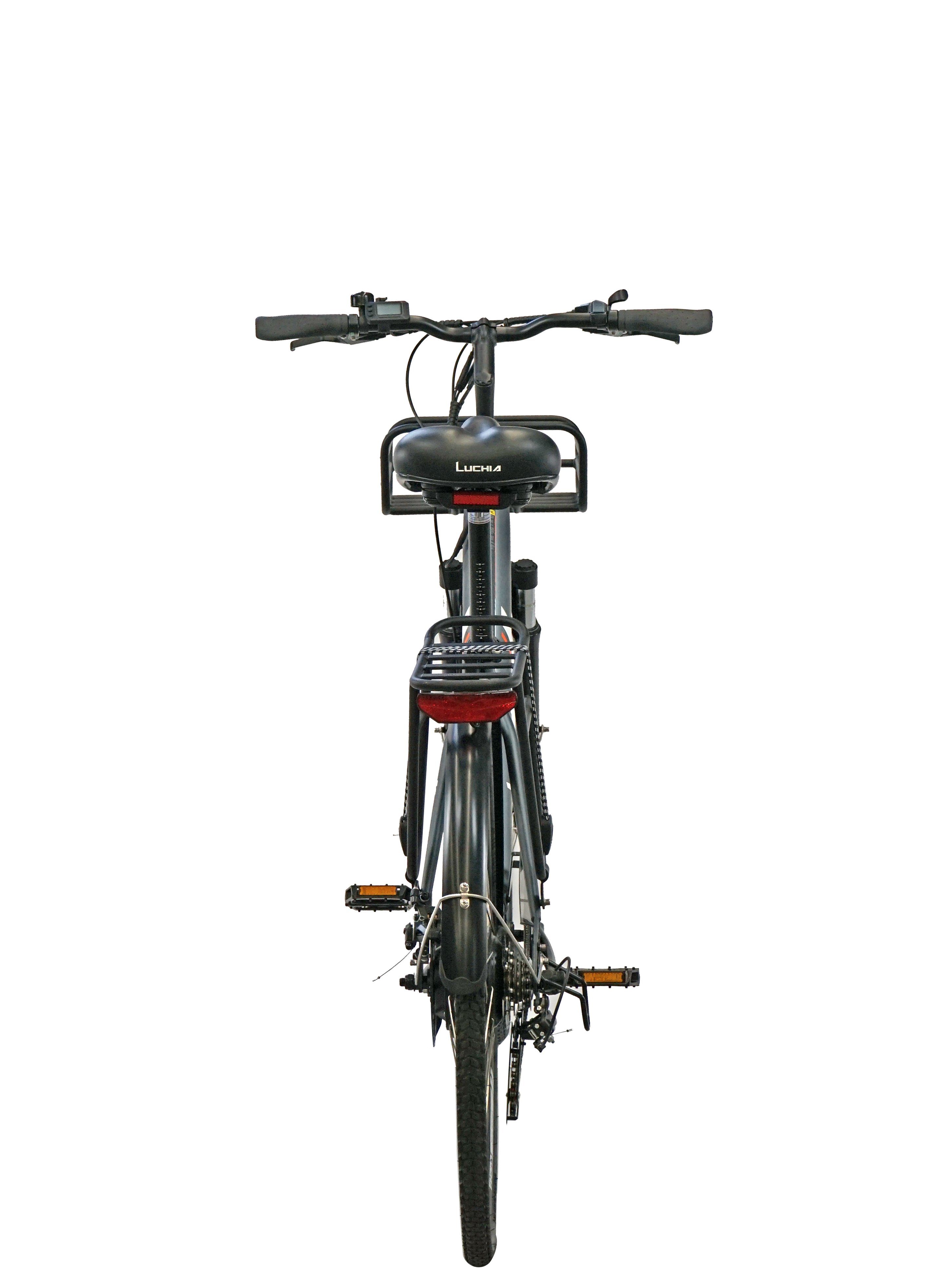 LUCHIA E-Bike mit Akku, (Packung, Heckmotor, 25km/h, 360 wasserdicht 6 IP54 120kg, & bis Akku-Ladegerät, 155-198 ANTARES, Gang Korb & cm, Shimano, Wh mit Max. empfohlene Fahrergröße 180×106×65 cm, Gepäckträger, LCD-Display mit Werkzeug)