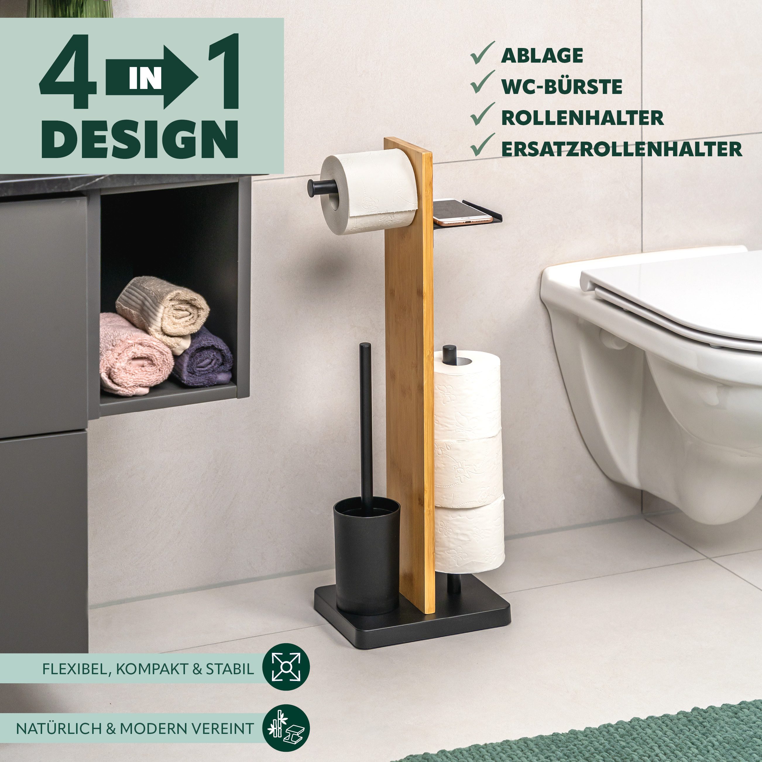 eluno WC-Garnitur 4in1, WC-Bürste, (Ersatz)Rollenhalter, Ablage, schwarz, T günstig online kaufen
