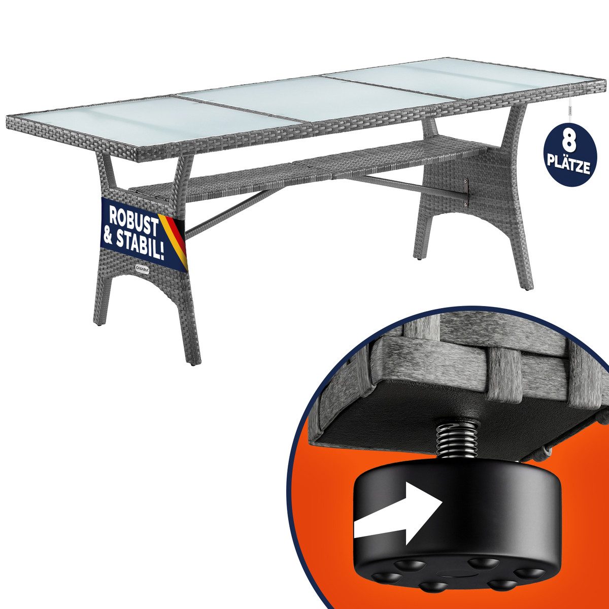 Casaria Gartentisch (1-St), Polyrattan 190x90x74 cm mit Ablage Sicherheits Glasplatte