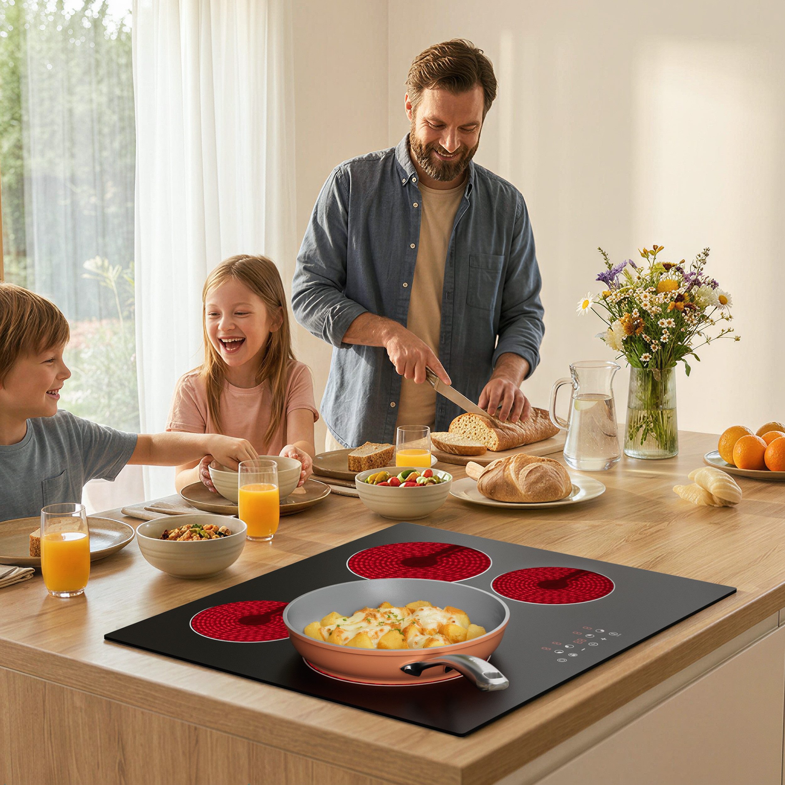 CDV Elektro-Kochfeld 59 cm Doppel-Ring Cerankochfeld 4 Zonen CDVER64B, Einbau Ceran-Kochfeld 9 Stufen, Touch Control mit Timer 6400 W