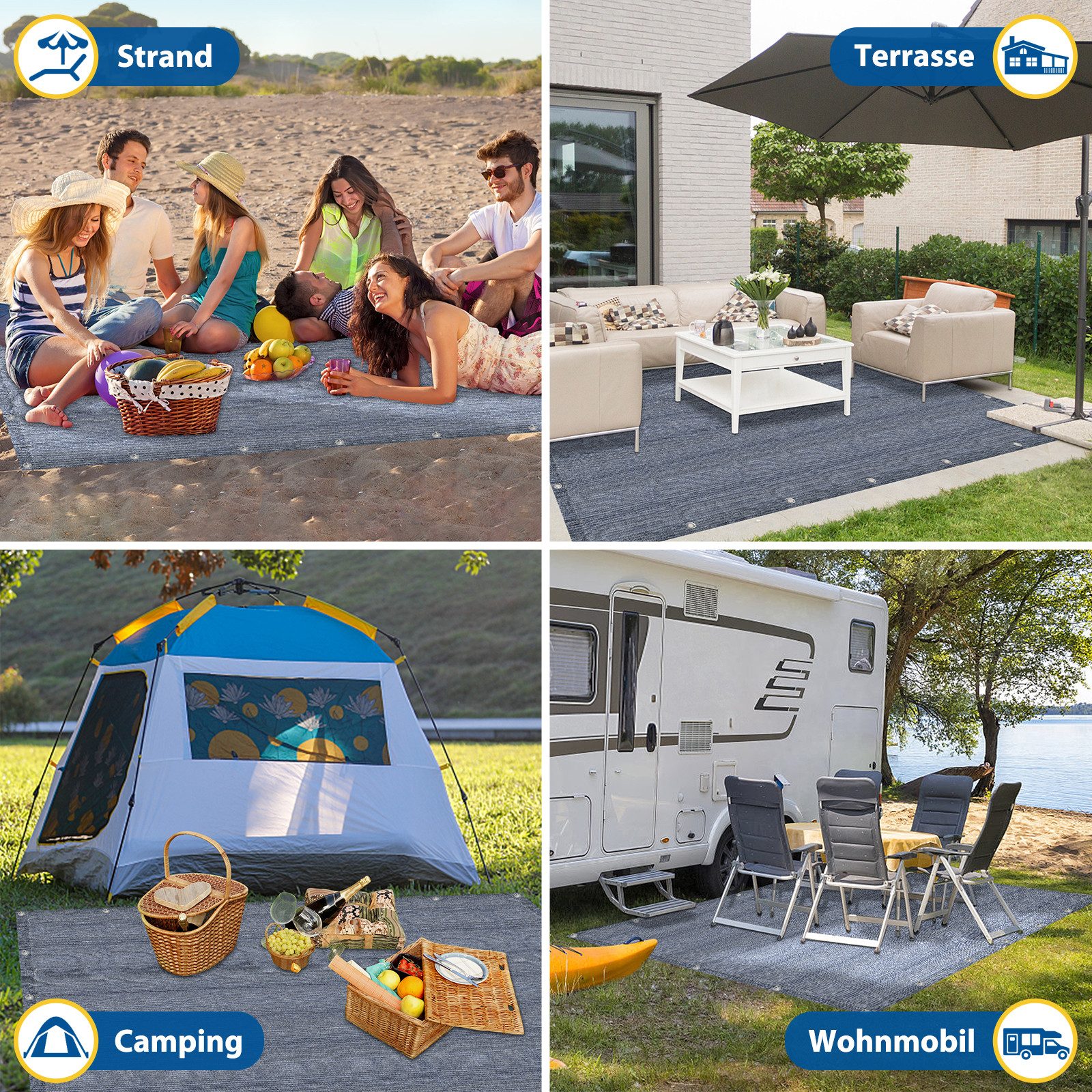 FIVMEN Outdoorteppich Vorzeltteppich aus hochwertigem HDPE, Campingmatte, mit Aluminiumschlaufen, inklusive Tragetasche, bläulich-grau – Bild 3 von 5