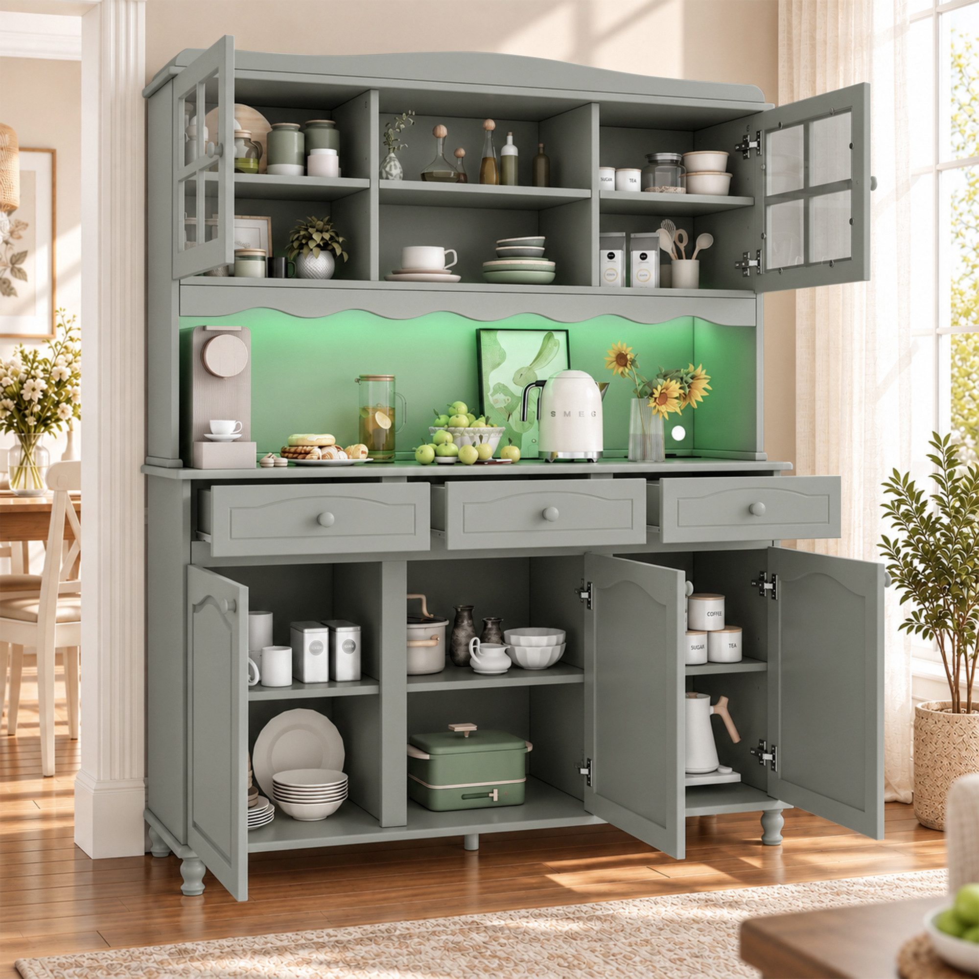 Flieks Küchenbuffet Hochschrank Glasvitrine mit Arbeitsplatte, Steckdosen, LED-Beleuchtung (B135/T40/H185 cm, 1-St., verstellbare Einlegeböden, Retro-Rohrfuß, L – Bild 3 von 5