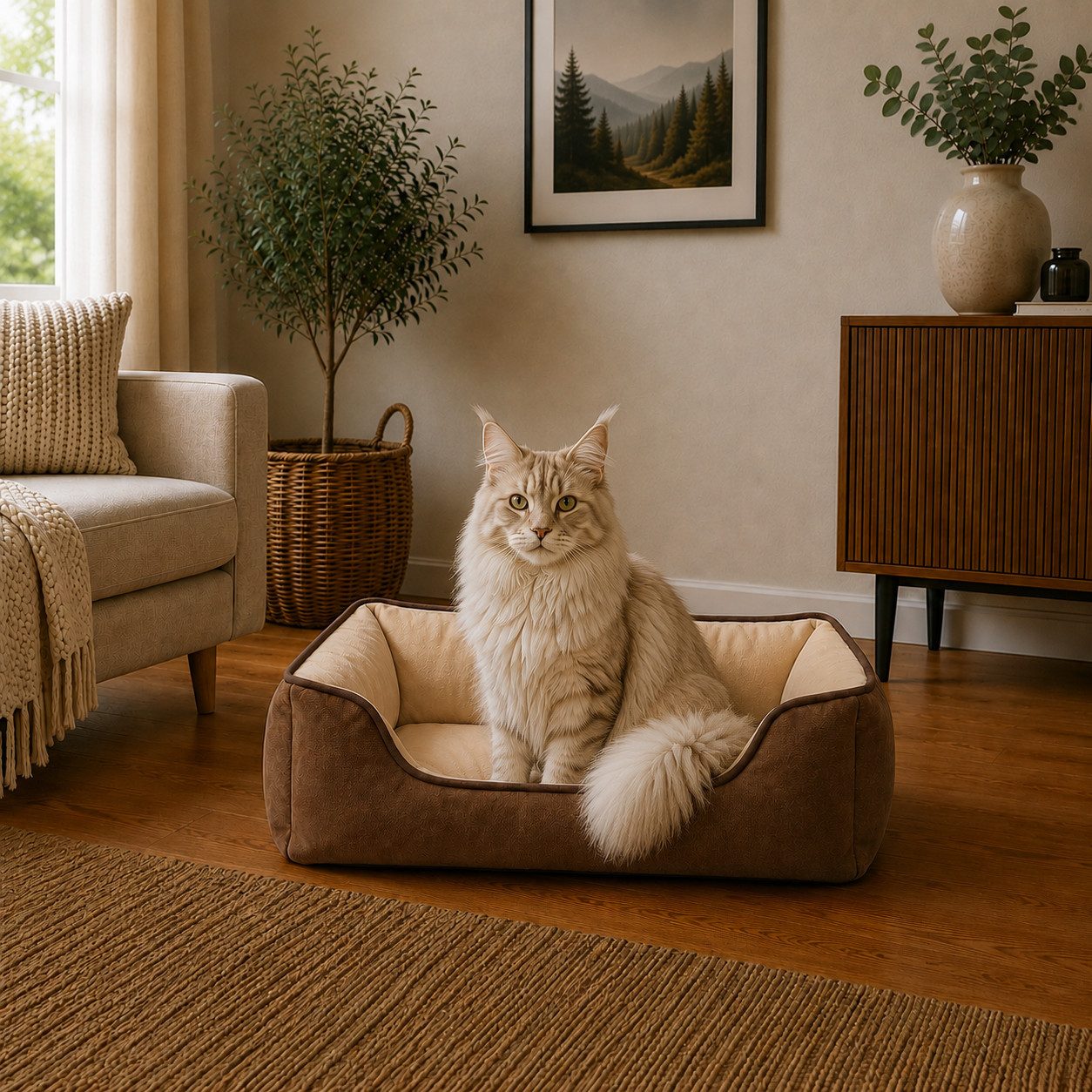 belviona Tierkissen für Katzen, Katzenbett Wildlederimitat, 80x60 cm, braun/beige, Wildlederimitat, Katzenkörbchen wendbar, mit 2-in-1 Funktion