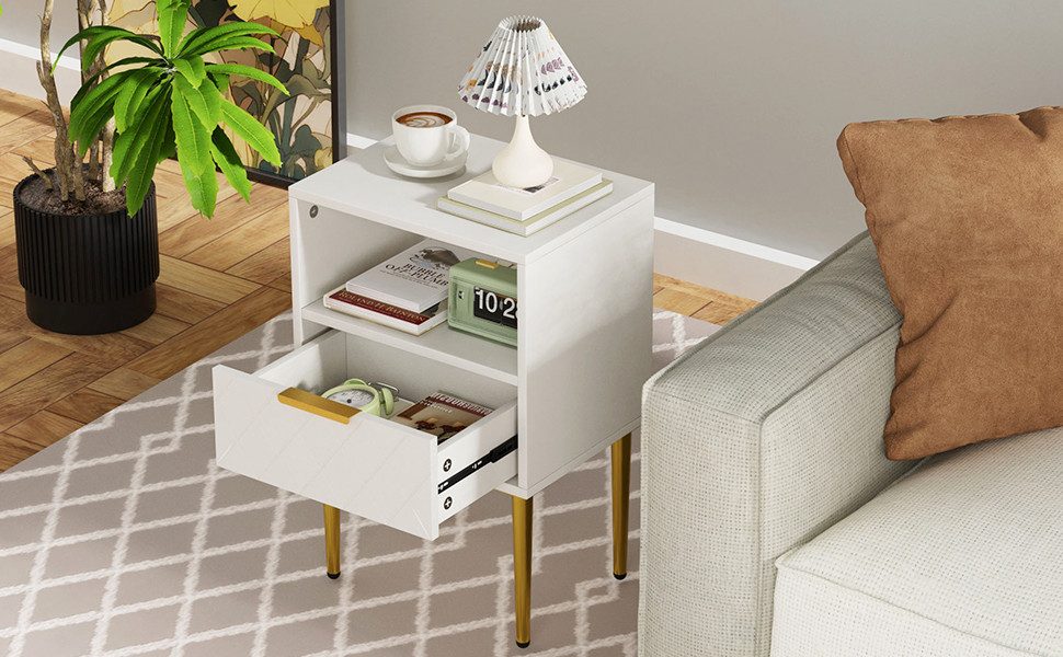 JEOBEST Nachttisch Nachtschrank Beistelltisch mit 1 Schublade und 1 Offenem Fach, Nachtkommode für Schlafzimmer/Wohnzimmer, Goldenen Metallbeinen