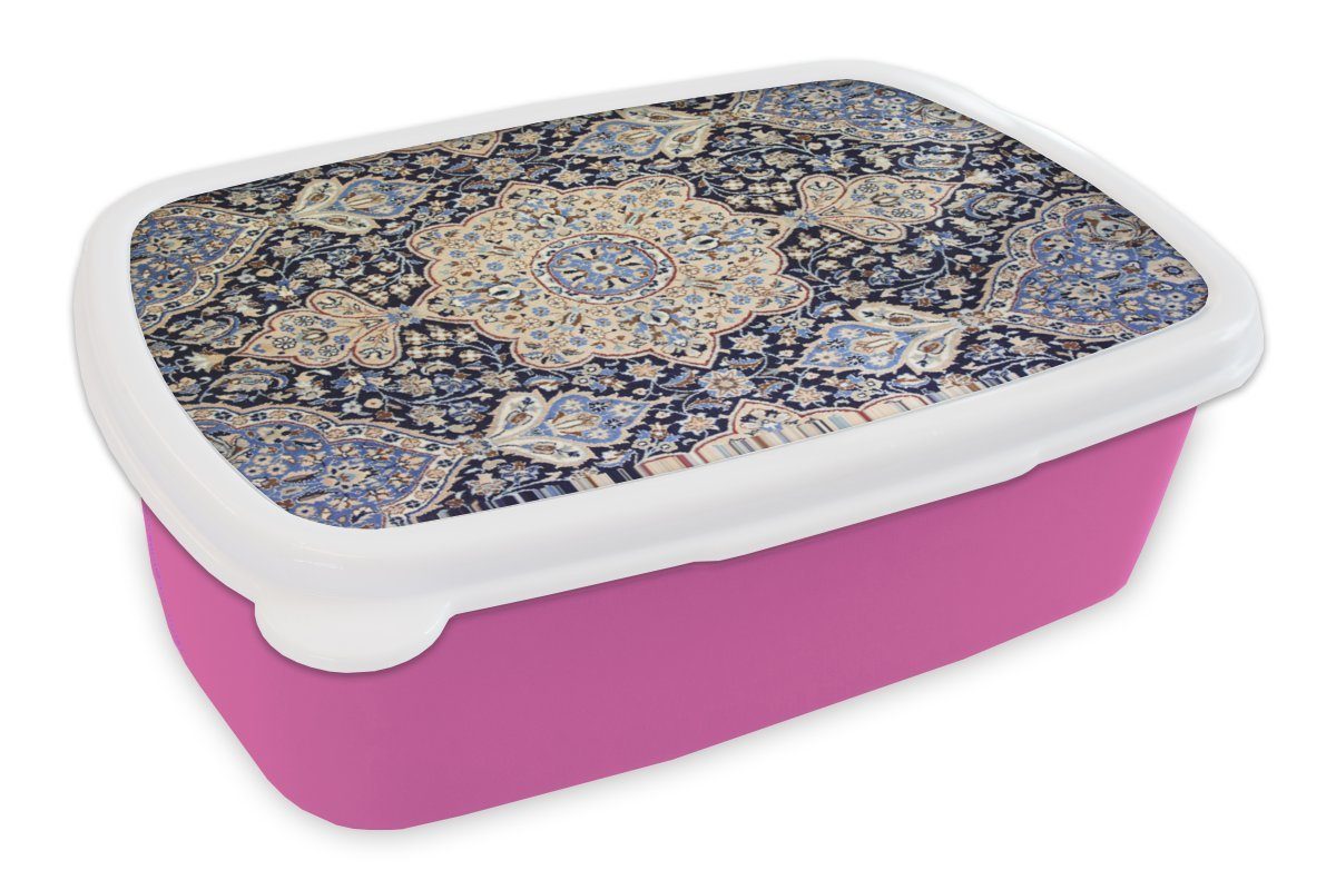 MuchoWow Lunchbox Persischer Teppich - Teppich - Mandala - Blau, Kunststoff, (2-tlg), Brotbox für Erwachsene, Brotdose Kinder, Snackbox, Mädchen, Kunststoff rosa