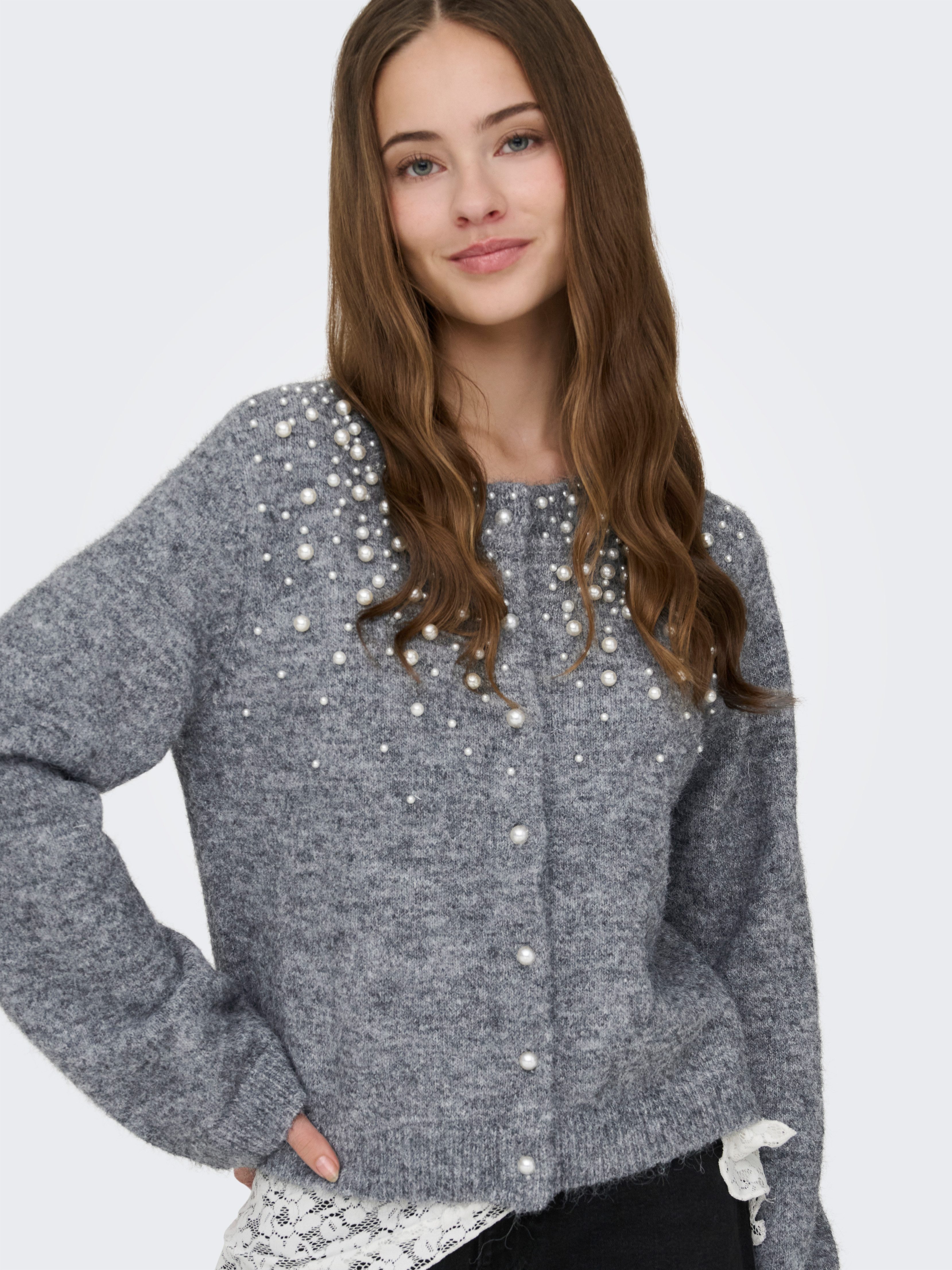 ONLY Strickjacke ONLMIGGIE LS O-NECK PEARL CARDIGA EX KNT Materialmix, regular fit
