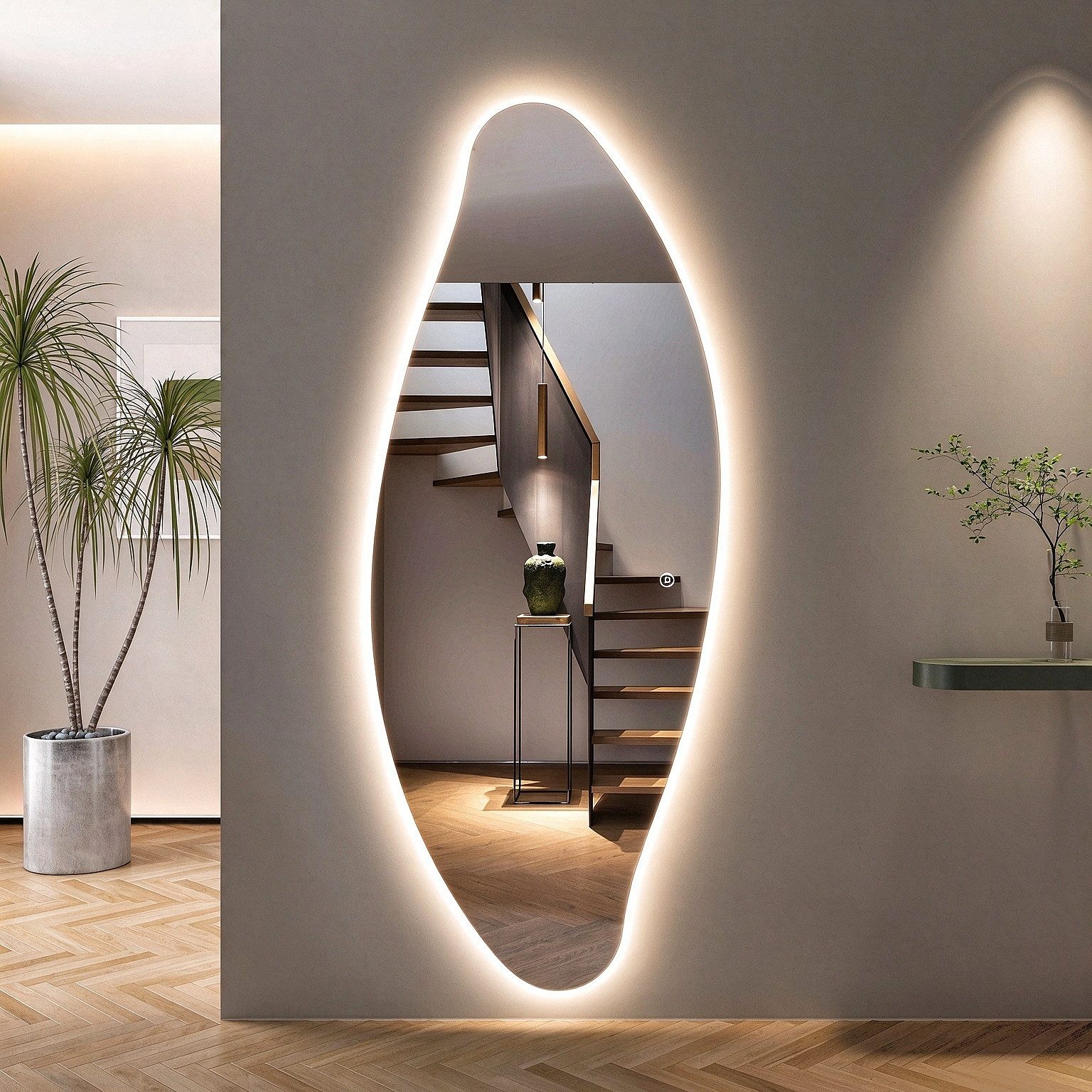 WDWRITTI Ganzkörperspiegel Rahmenlos LED Wandspiegel groß asymmetrisch Dekospiegel (Flurspiegel mit 3Lichtfarben, Helligkeit dimmbar, Speicherfunktion, 1-St., Blütenblattform, 165x65cm), 2 Montagerichtungen, mit Netzstecker