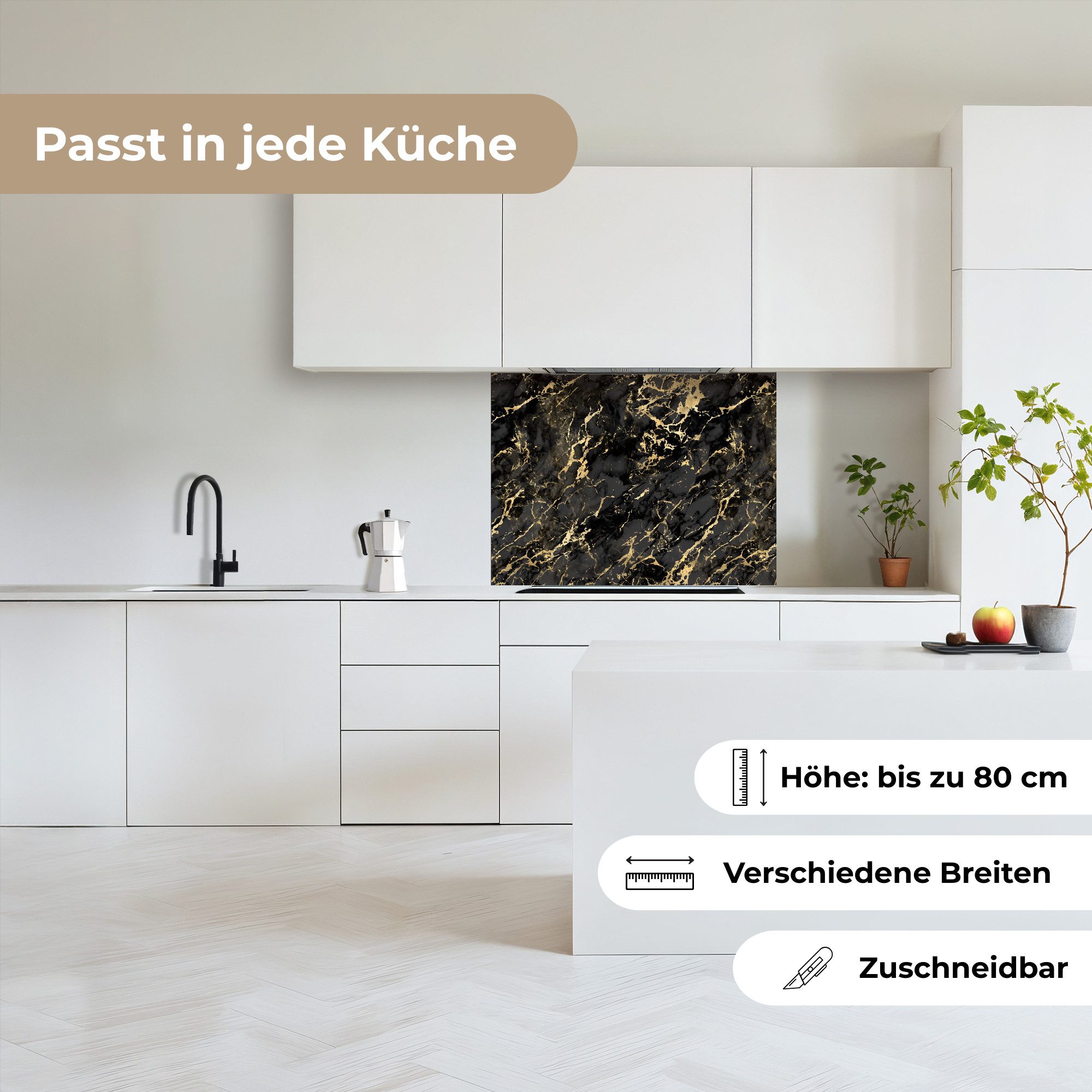 KitchenYeah Küchenrückwand selbstklebend Marmor - Schwarz - Goldstruktur, (1-tlg), Spritzschutz, Küche, Rückwand, Küchenwand, Küchenfront, 80x60 cm