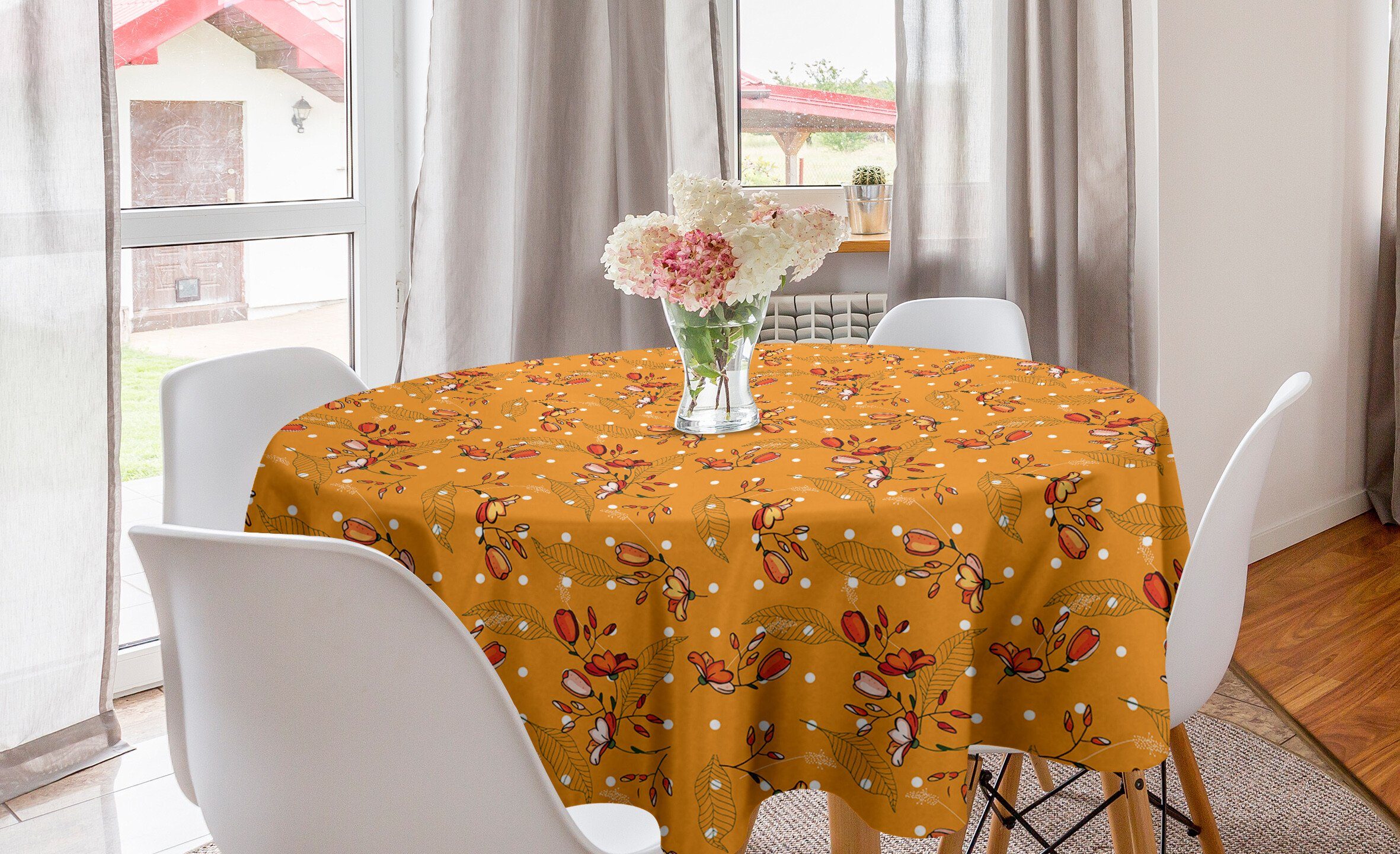Abakuhaus Tischdecke Kreis Tischdecke Abdeckung für Esszimmer Küche Dekoration, Orange Botanical Blooms Knospen Motiv