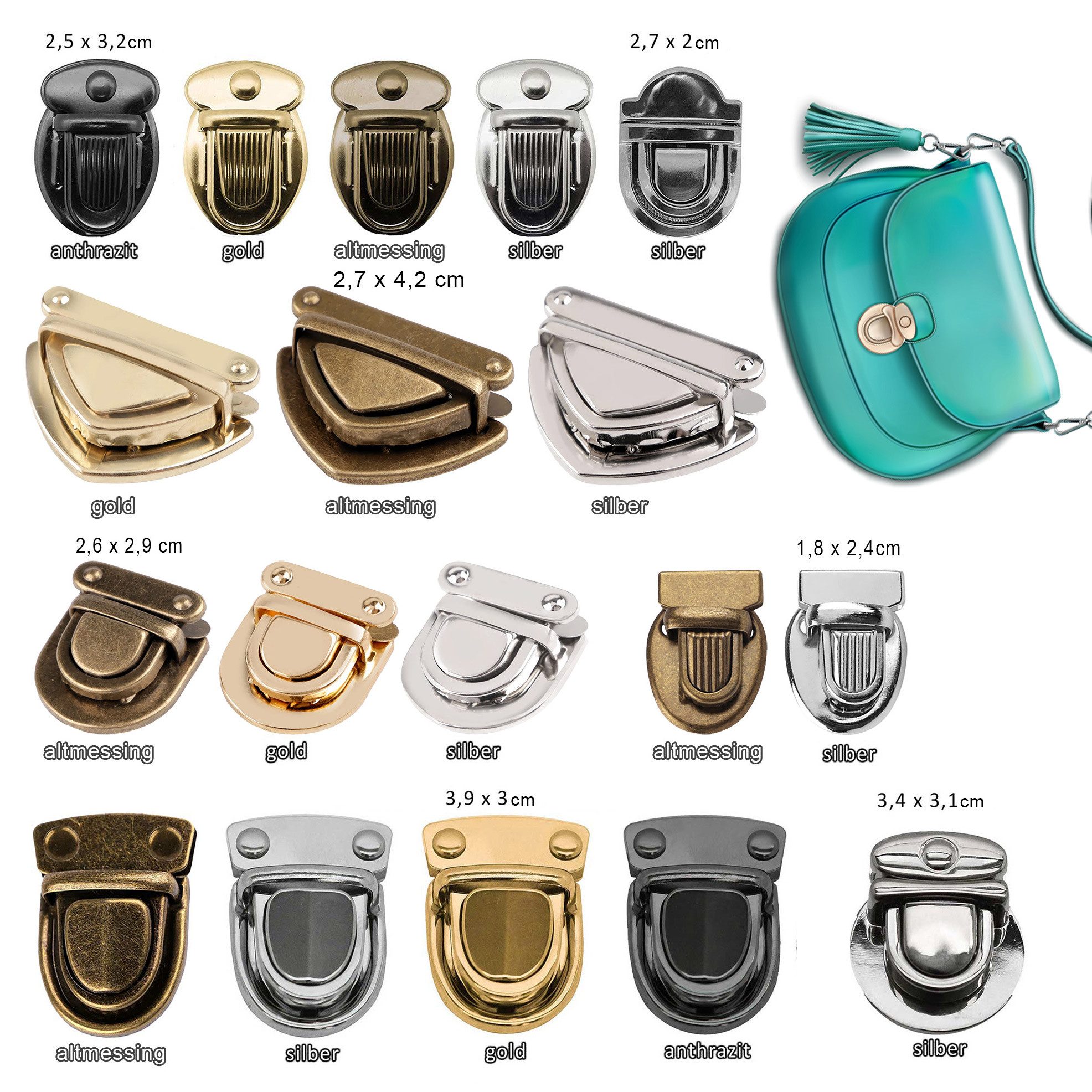 maDDma 2 Steckschlösser Mappenverschluss Taschenschloss Mappenschloss Gurtstecker (2er-Pack, 2-tlg), 1.8 x 2.4 cm