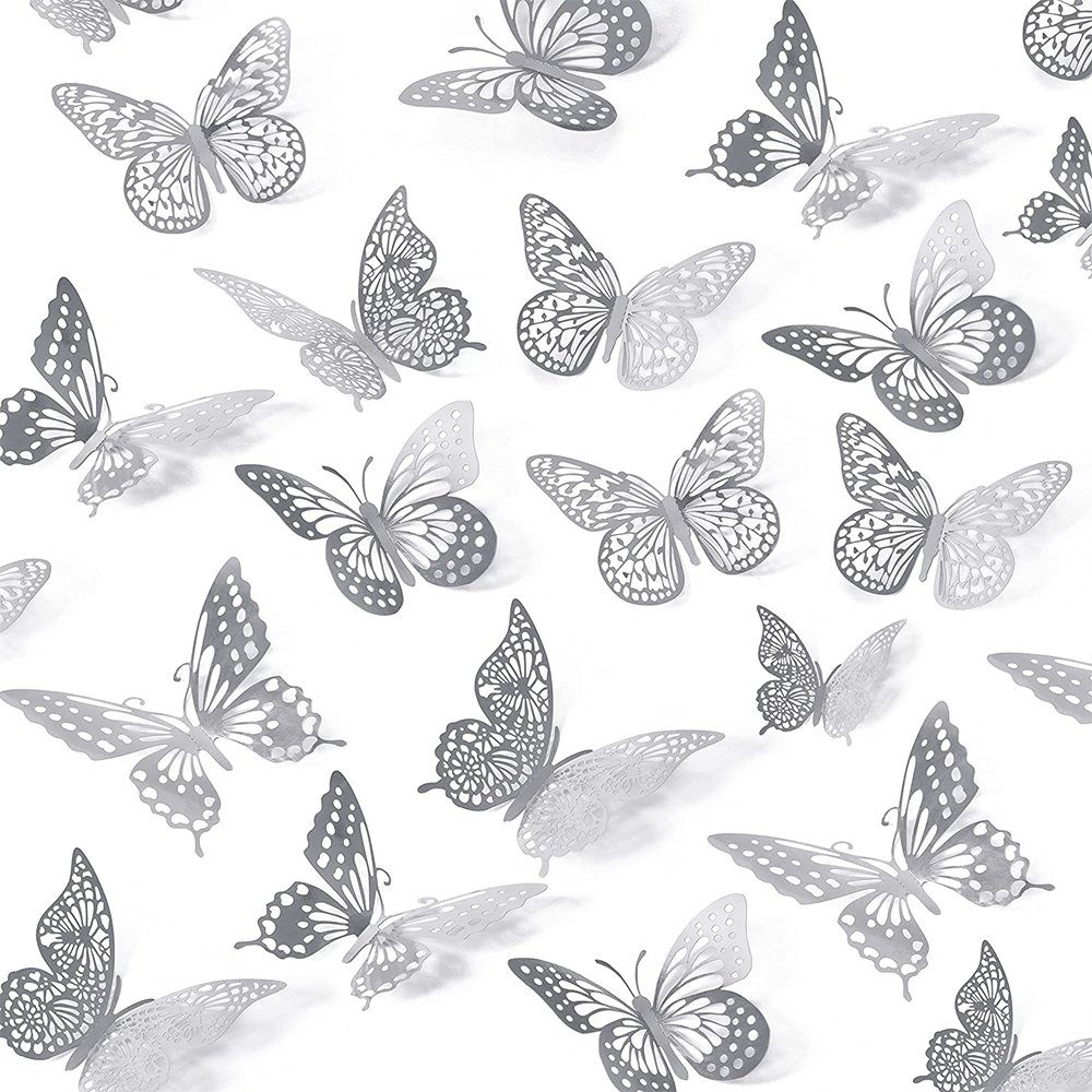 NUODWELL 3D-Wandtattoo 48 Stück 3D Schmetterling Wandaufkleber,4 Arten 3 Größe Deko Aufkleber Silber | Wandtattoos