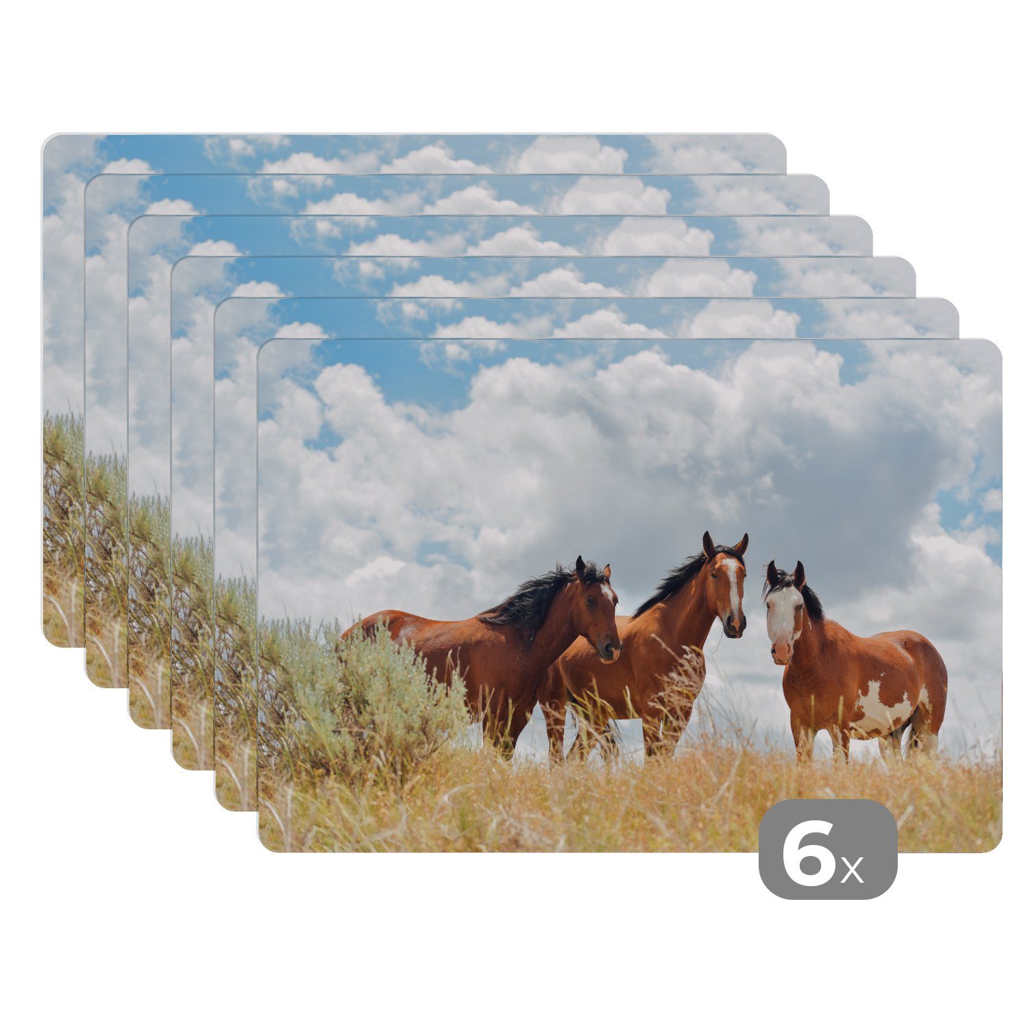 Platzset, Drei Mustang-Pferde schauen in die Kamera, MuchoWow, (6-St), Platzset, Platzdecken, Platzmatte, Tischmatten, Schmutzabweisend