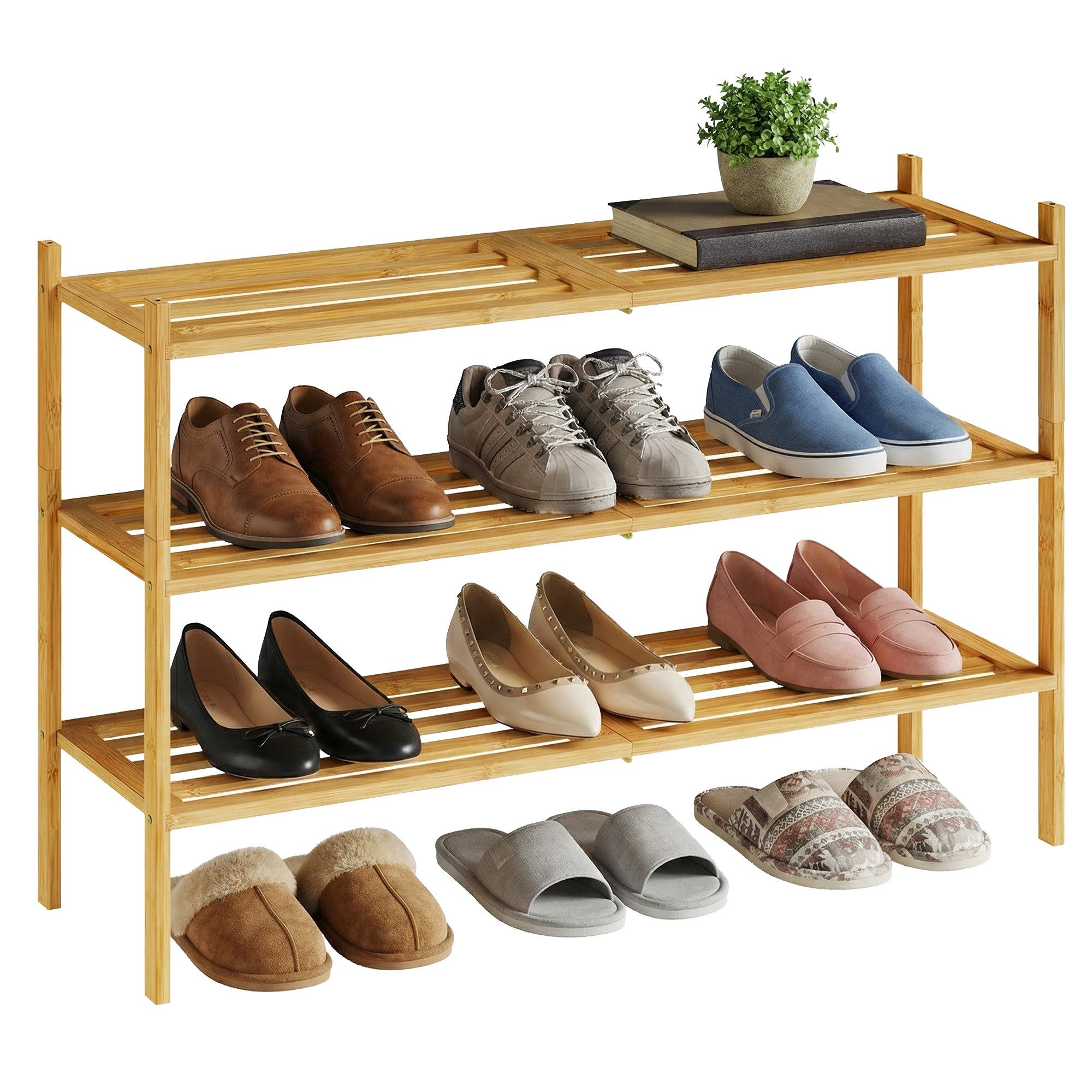 SONGMICS Schuhregal aus Bambus, Schuhablage 3 Ebenen, stapelbar, Regal für 12-16 Paar Schuhe, 25 x 70 x 51,5 cm