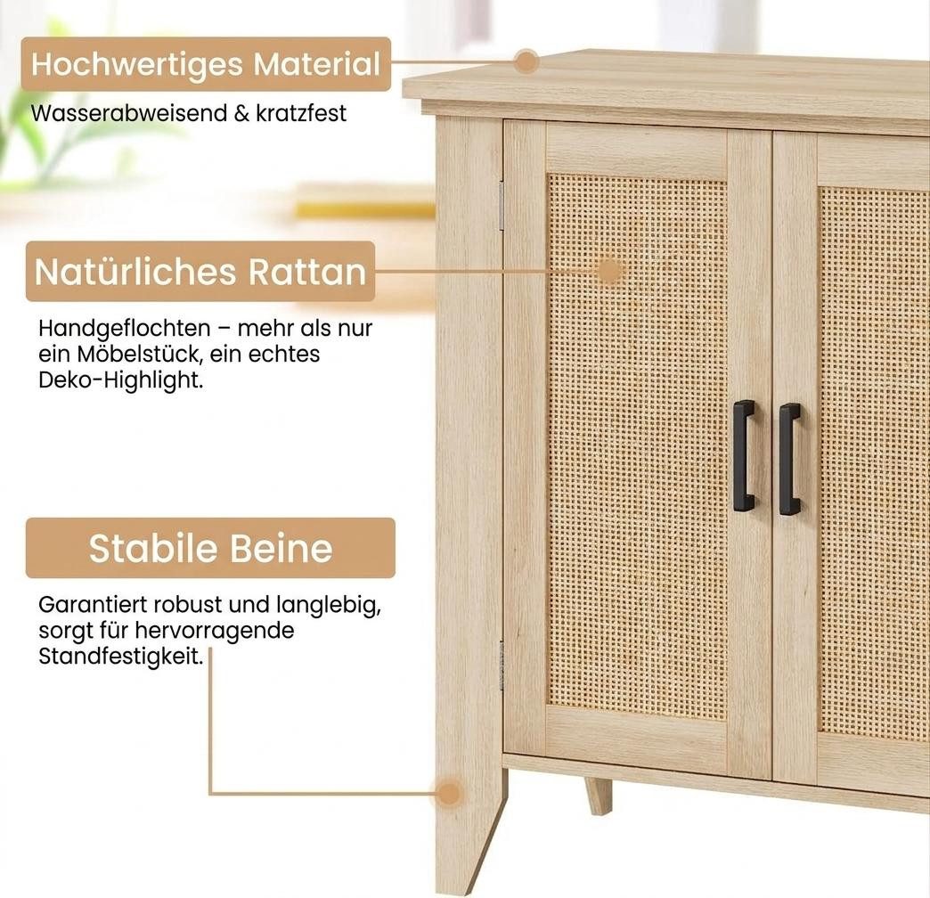 GarveeMore Anrichte 2-teiliges Set Boho Rattan Sideboard Vielseitiger Holzschrank Lowboard (2 St), 76x40x80 cm Buffet Kommode mit Türen und höhenverstellbaren Regalen