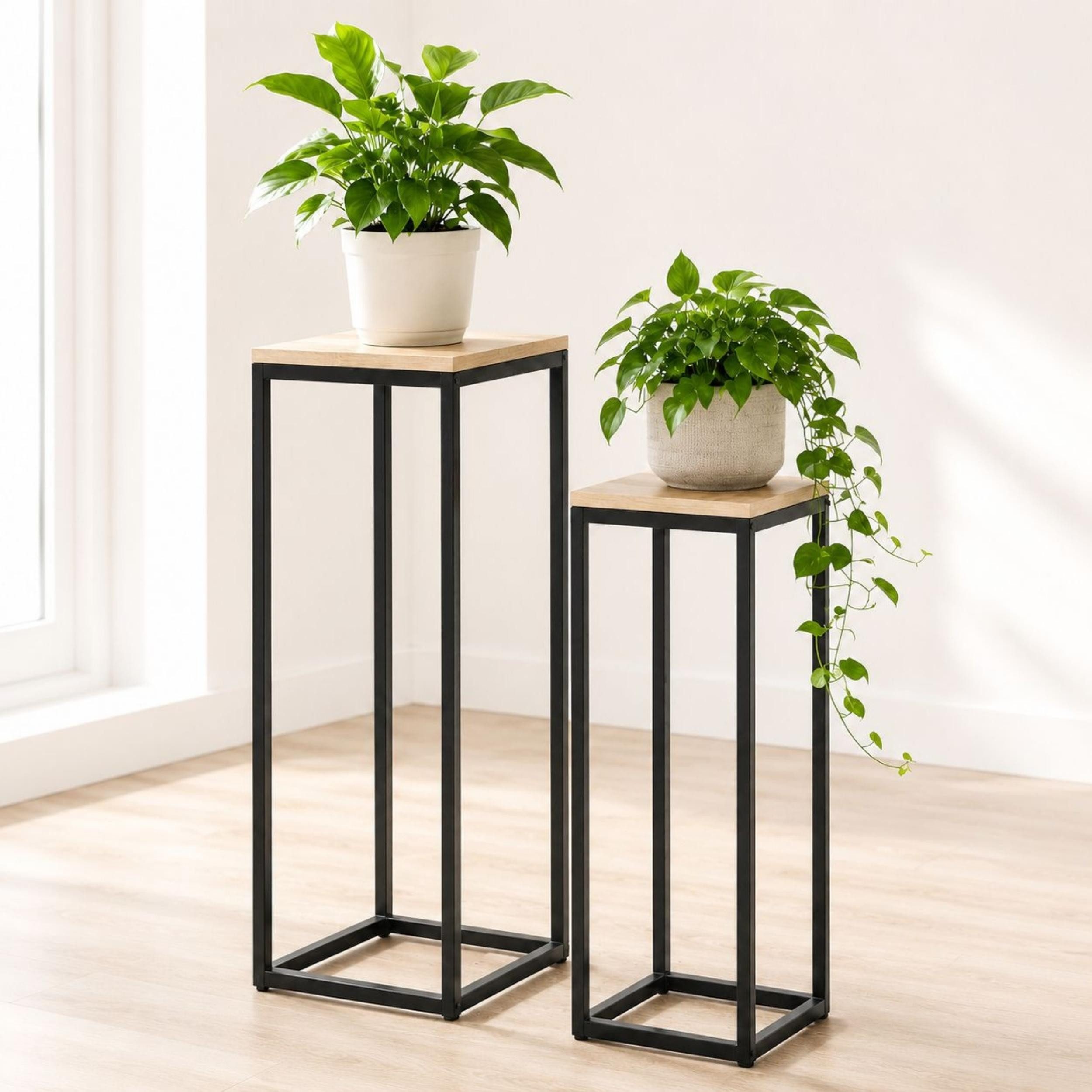 DanDiBo Blumenhocker Blumenständer Metall Schwarz Eckig 2er Set 60 cm 70 cm Pflanzenständer
