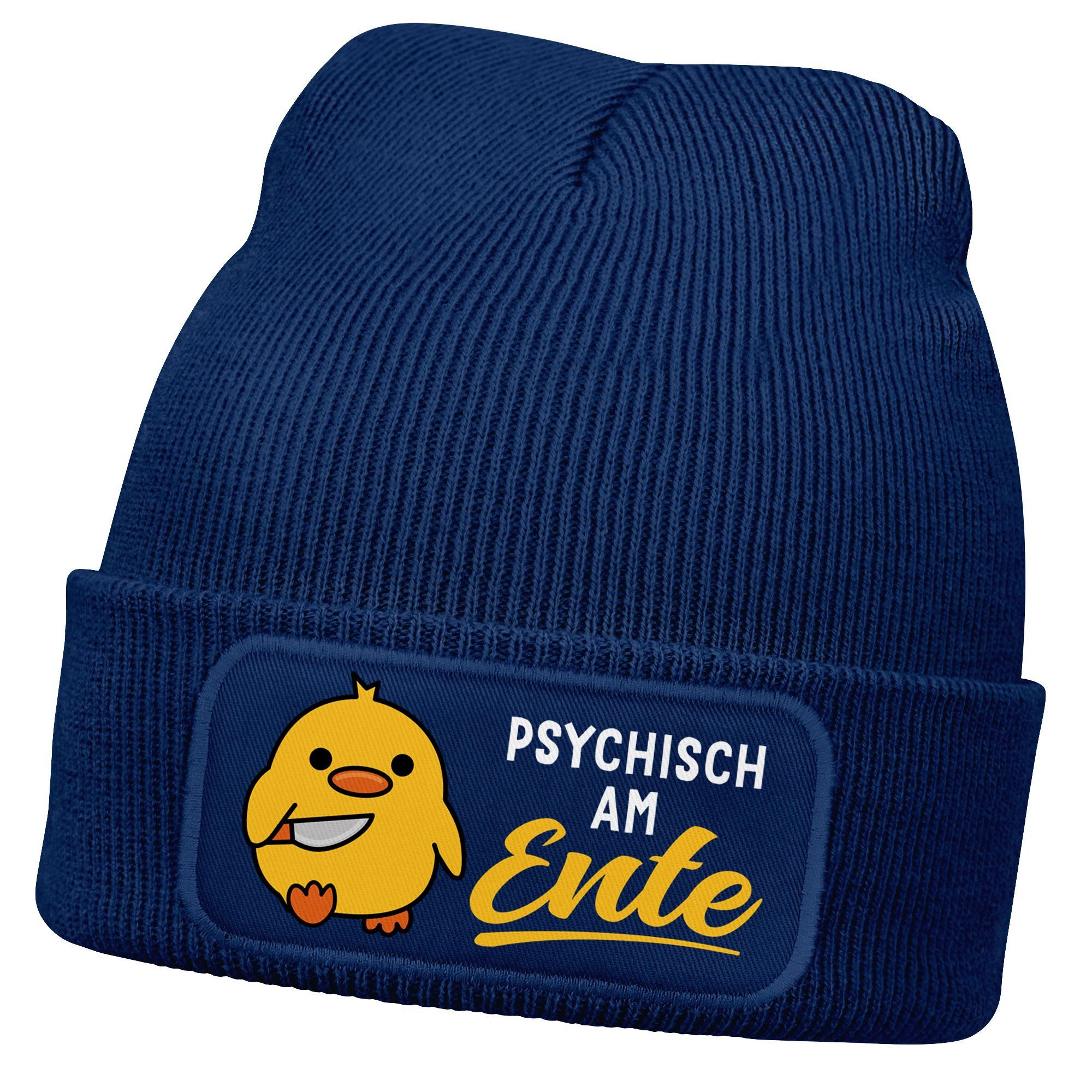 Strickmütze Herren Beanie mit Patch Strickmütze Spruch Meme Psychisch am Ente
