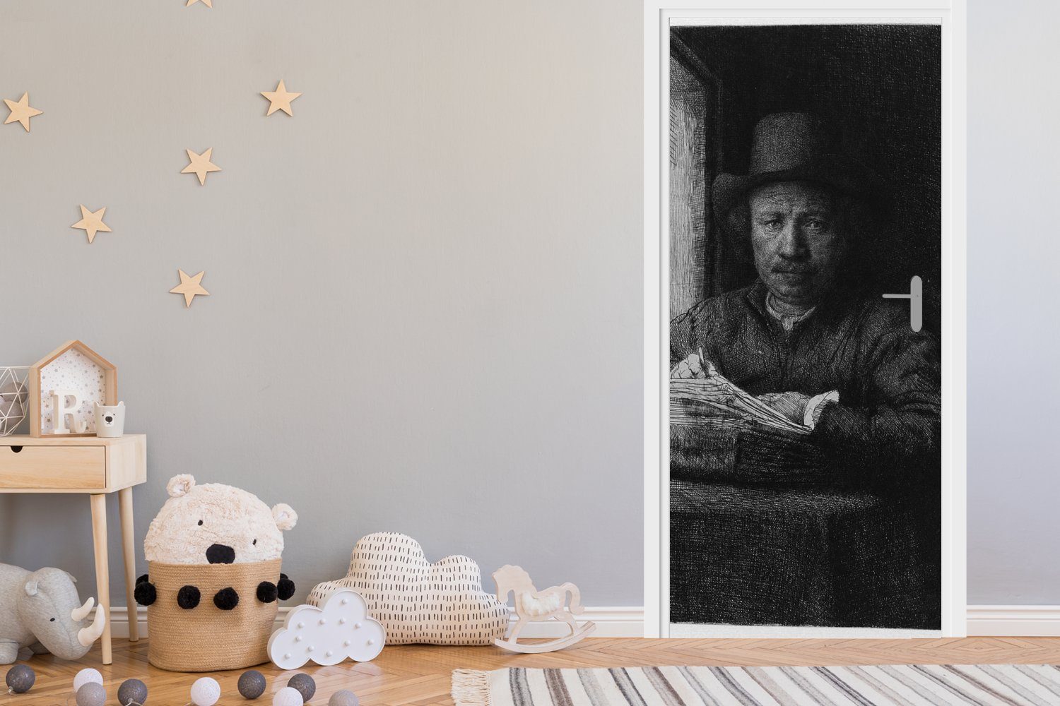 Nähe Rembrandt Rijn, van Tür, St), 75x205 der Türaufkleber, Selbstbildnis - geätzt Türtapete (1 in cm Matt, Fensters MuchoWow eines für bedruckt, Fototapete