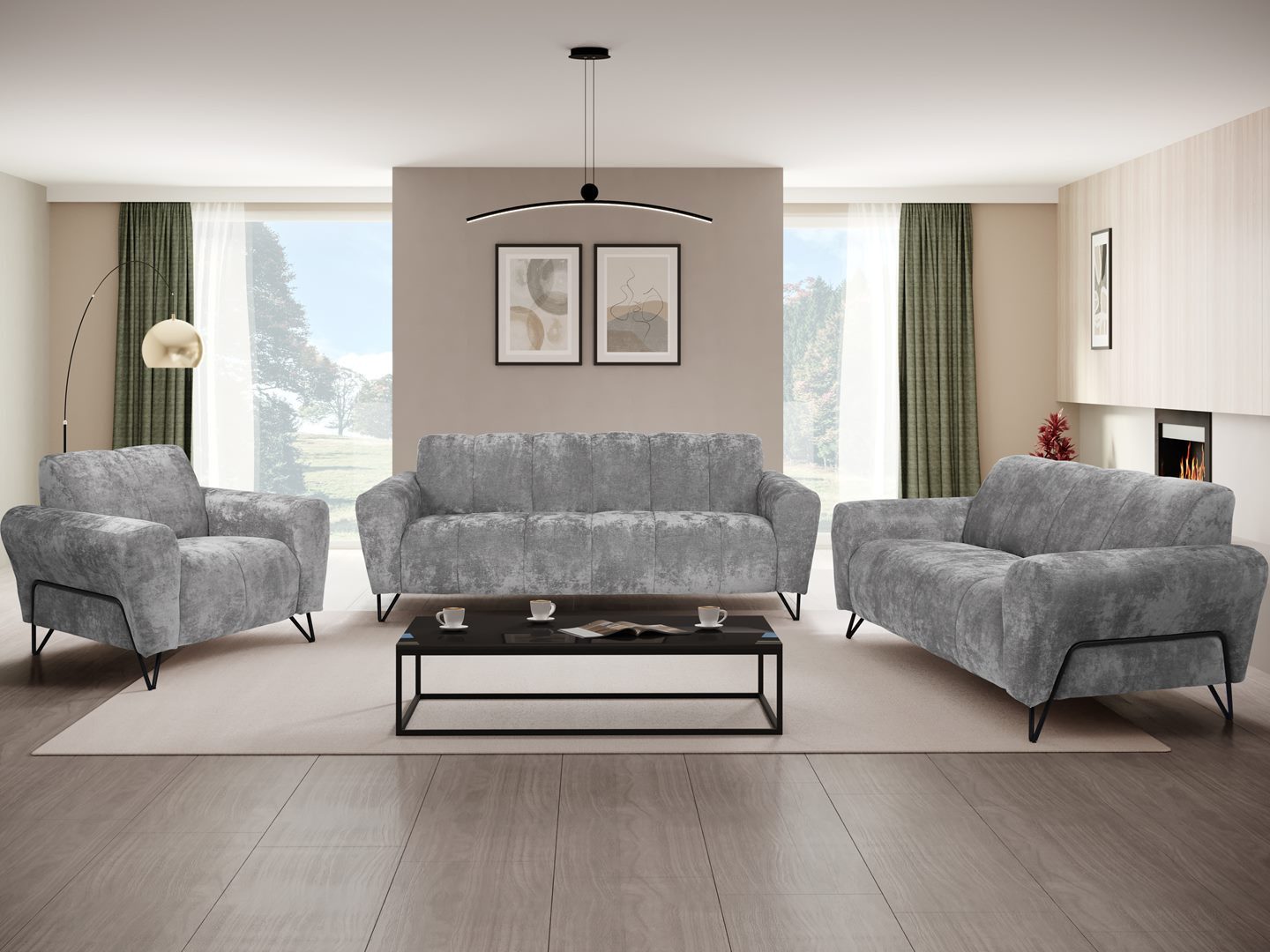 Beautysofa Polstergarnitur VOLARE Modernes Sofa Set mit 3-Sitzer, 2-Sitzer & Sessel, (hochwertige Couchgarnitur für Wohnzimmer & Salon, Design Polstermöbel im modernen Stil), schwarze Metallbeine