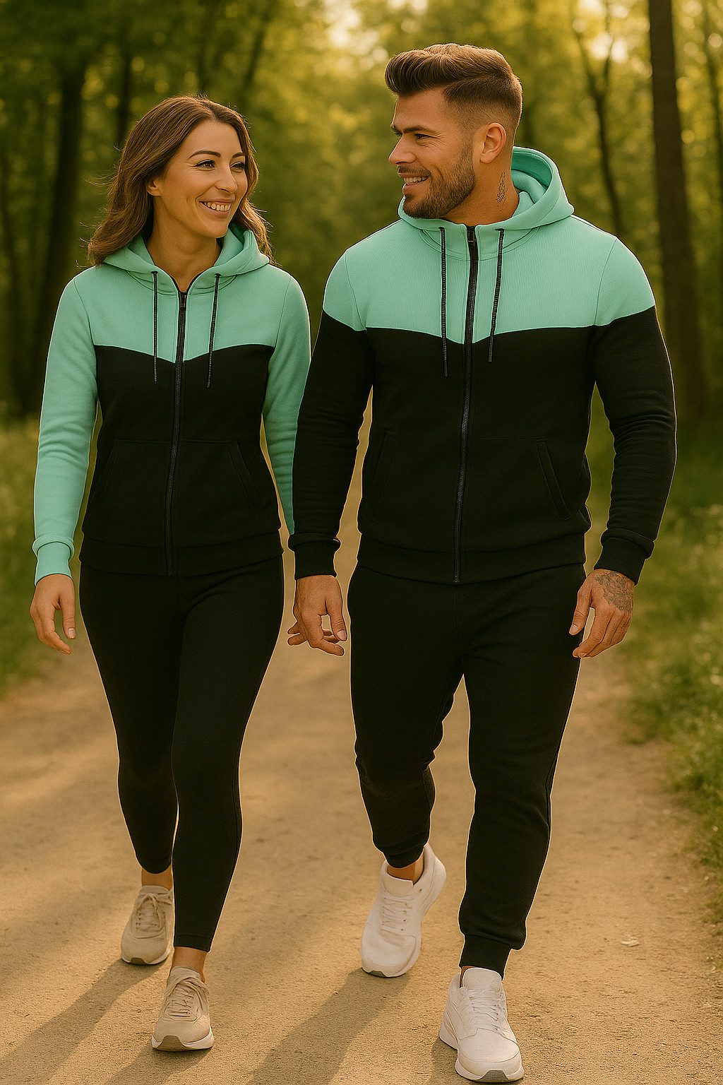 L.gonline Freizeitanzug Herren Jogginganzug, Freizeitanzug 984 schwarz/mint XL (Kapuzenjacke mit Reißverschluss, Hose, 2-tlg), Fitness Freizeit Casual – Bild 4 von 5