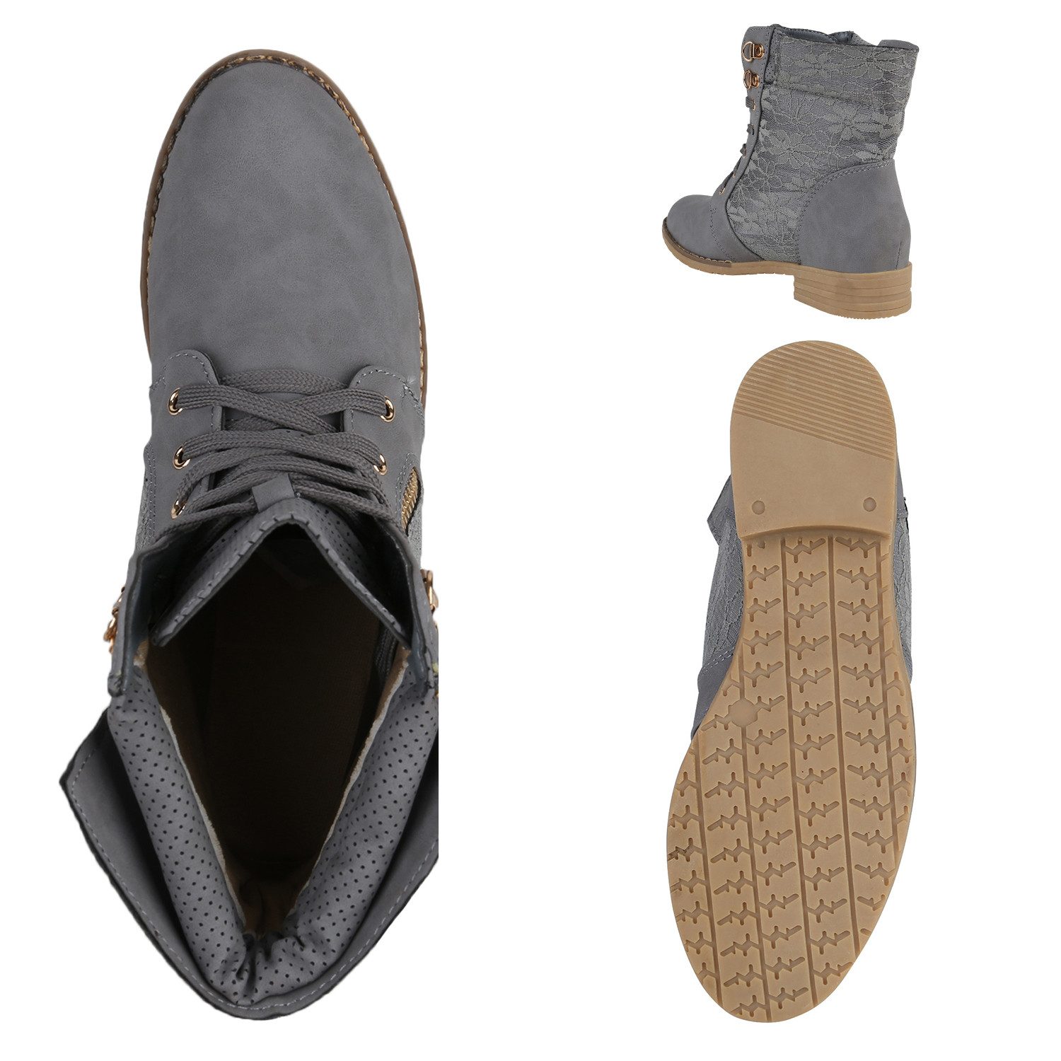 VAN HILL 815442 Schnürstiefelette Damen Schnürstiefeletten Spitze Stiefeletten Zipper Worker Boot