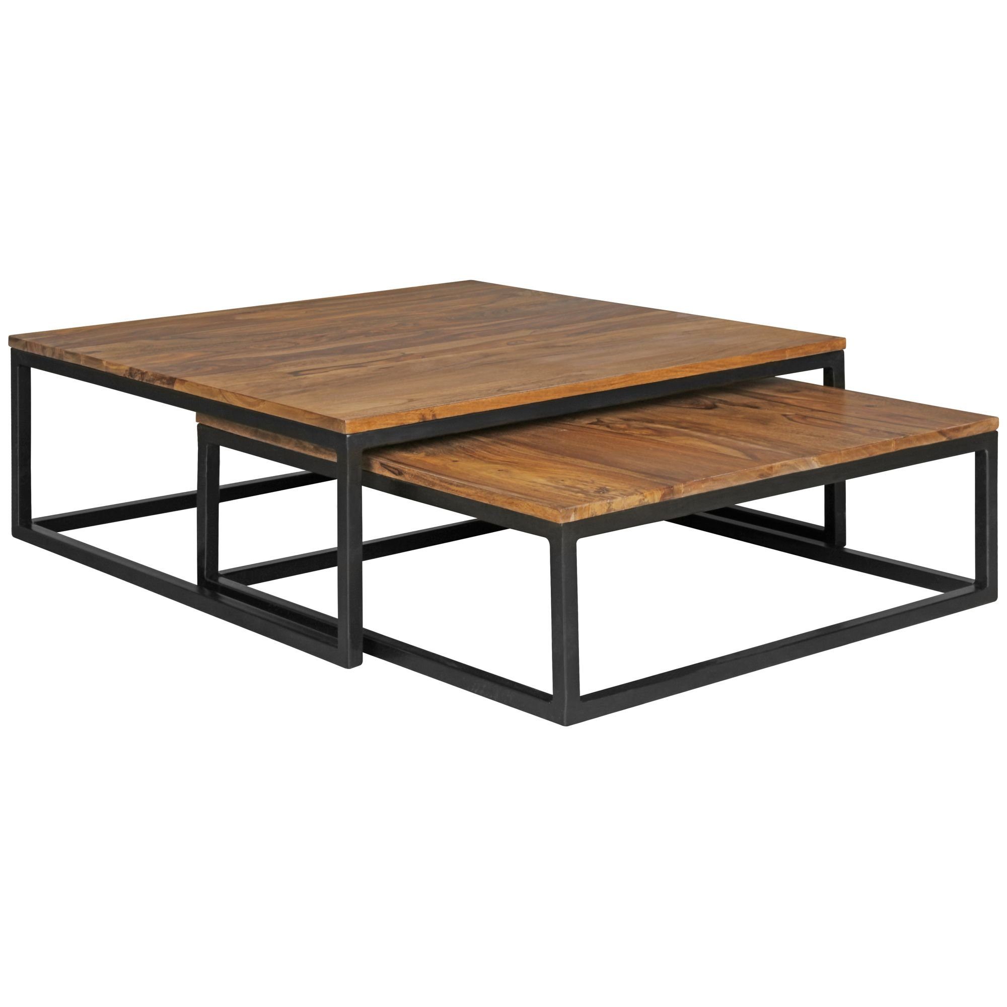 Wohnling Couchtisch WL5.054 (AKOLA 2-teilig Sheesham Massivholz 75x75x27 cm), Design Wohnzimmertisch Holz Tisch mit Metallbeinen
