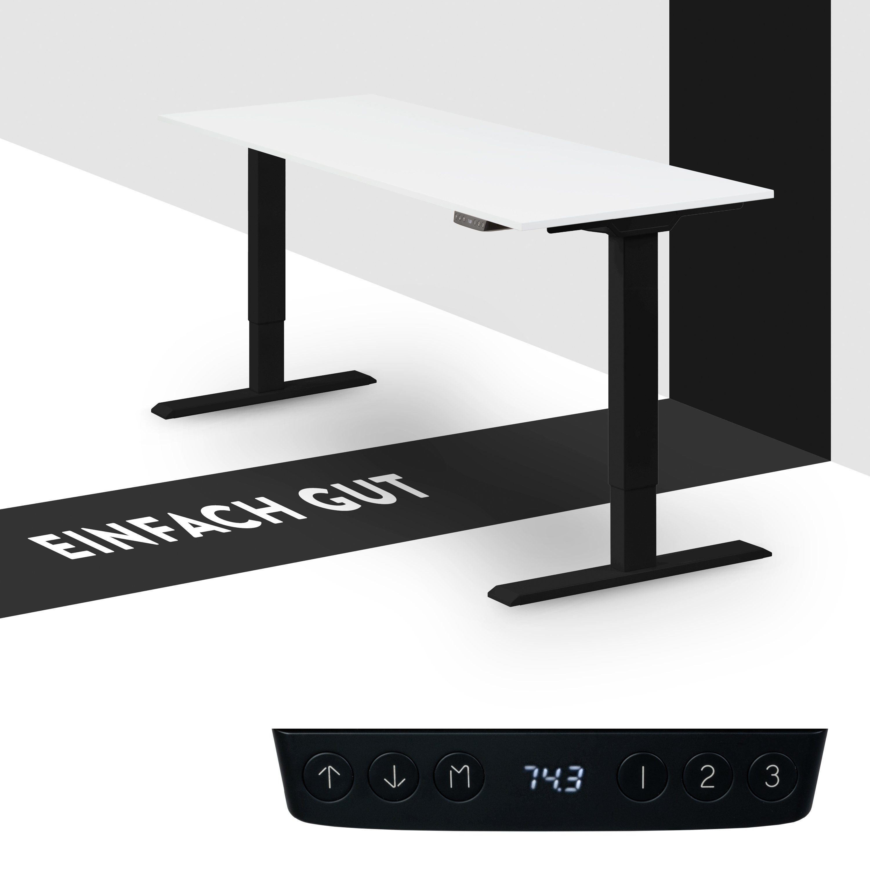 boho office® Schreibtisch Homedesk Eco (Tischgestell Schwarz, Tischplatte Weiß 110 x 60 cm), Stehschreibtisch elektrisch höhenverstellbar, 3 Speicherplätzen Schwarz | Weiß