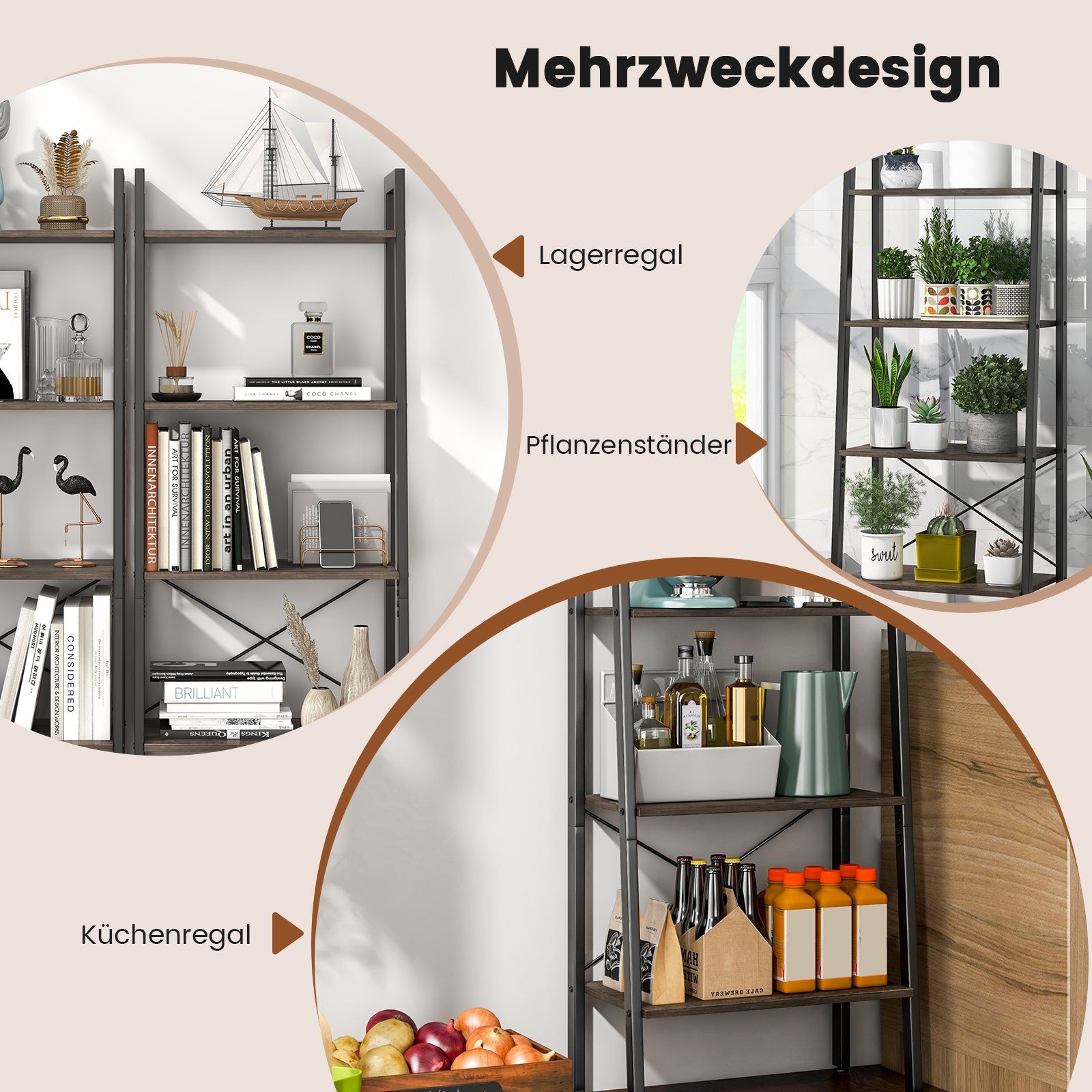 COSTWAY Bücherregal, stehend, 4 Ebenen, Metallrahmen, Kippsicherungen, 138cm