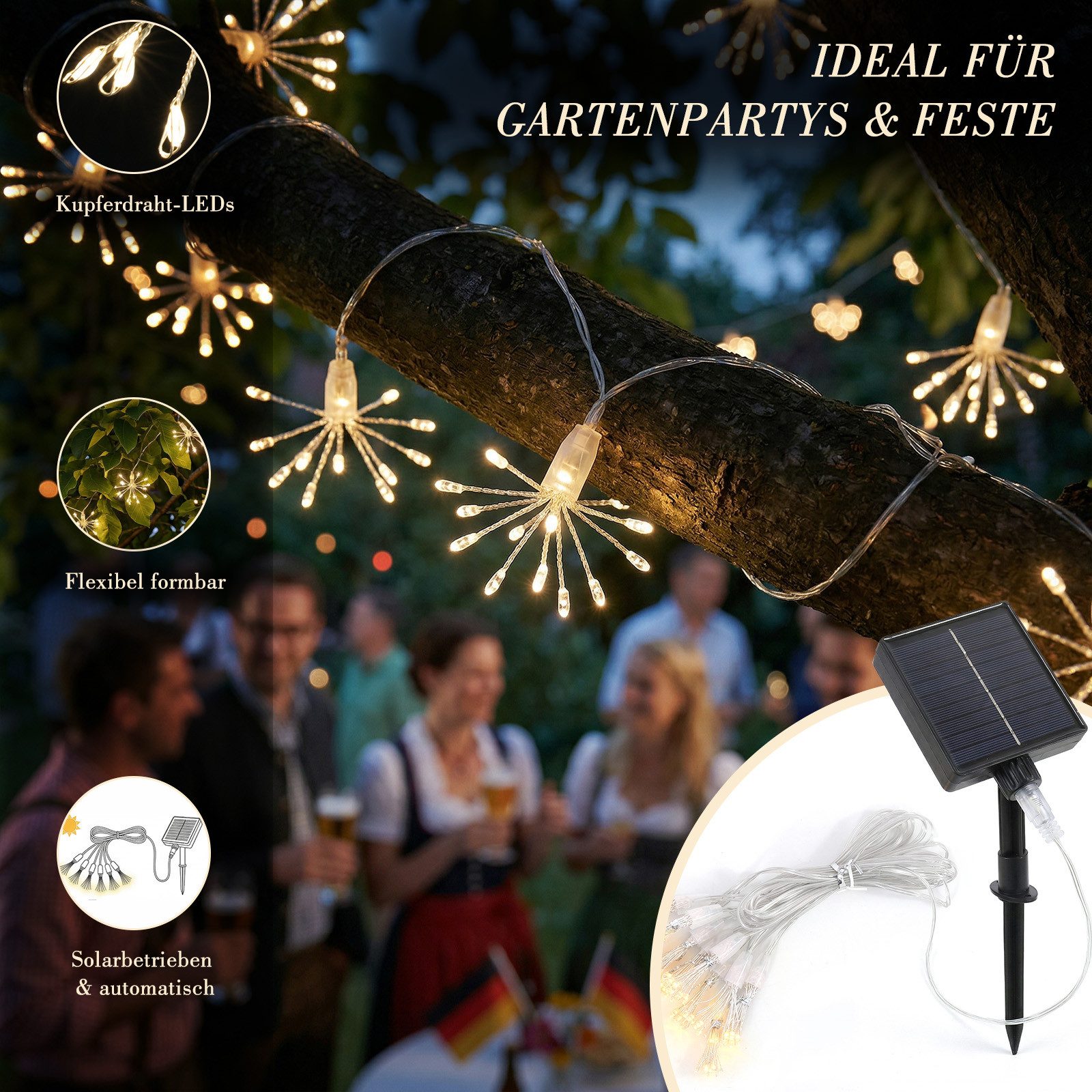 Salcar LED Solarleuchte LED Feuerwerk Lichterkette Solarleuchte Gartenleuchte Außen, Warmweiß – Bild 2 von 5