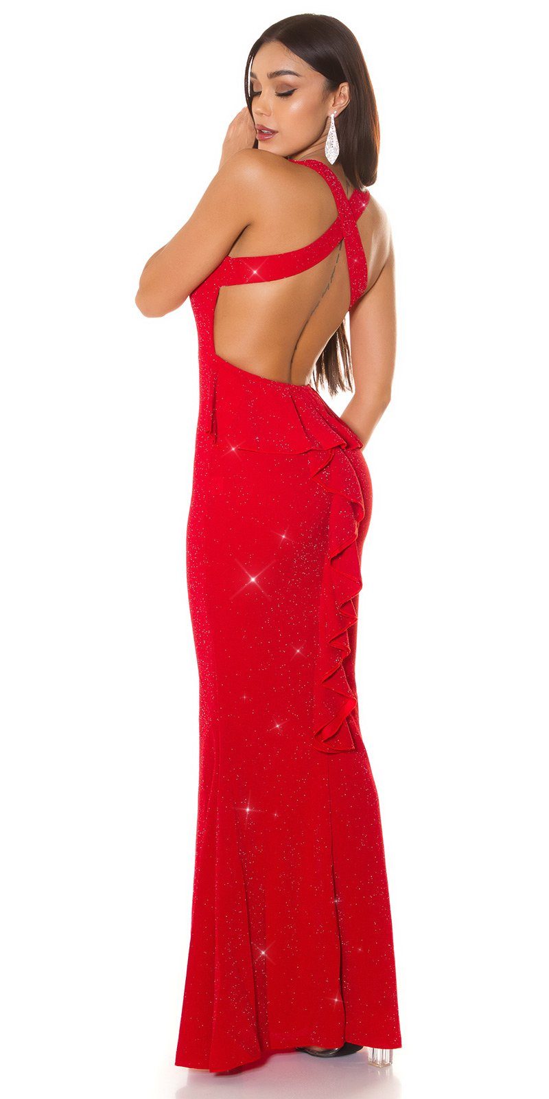 Partykleid mit Rücken Schößchen Koucla Maxikleid glitzerndes rotsilber Abendkleid offenem und