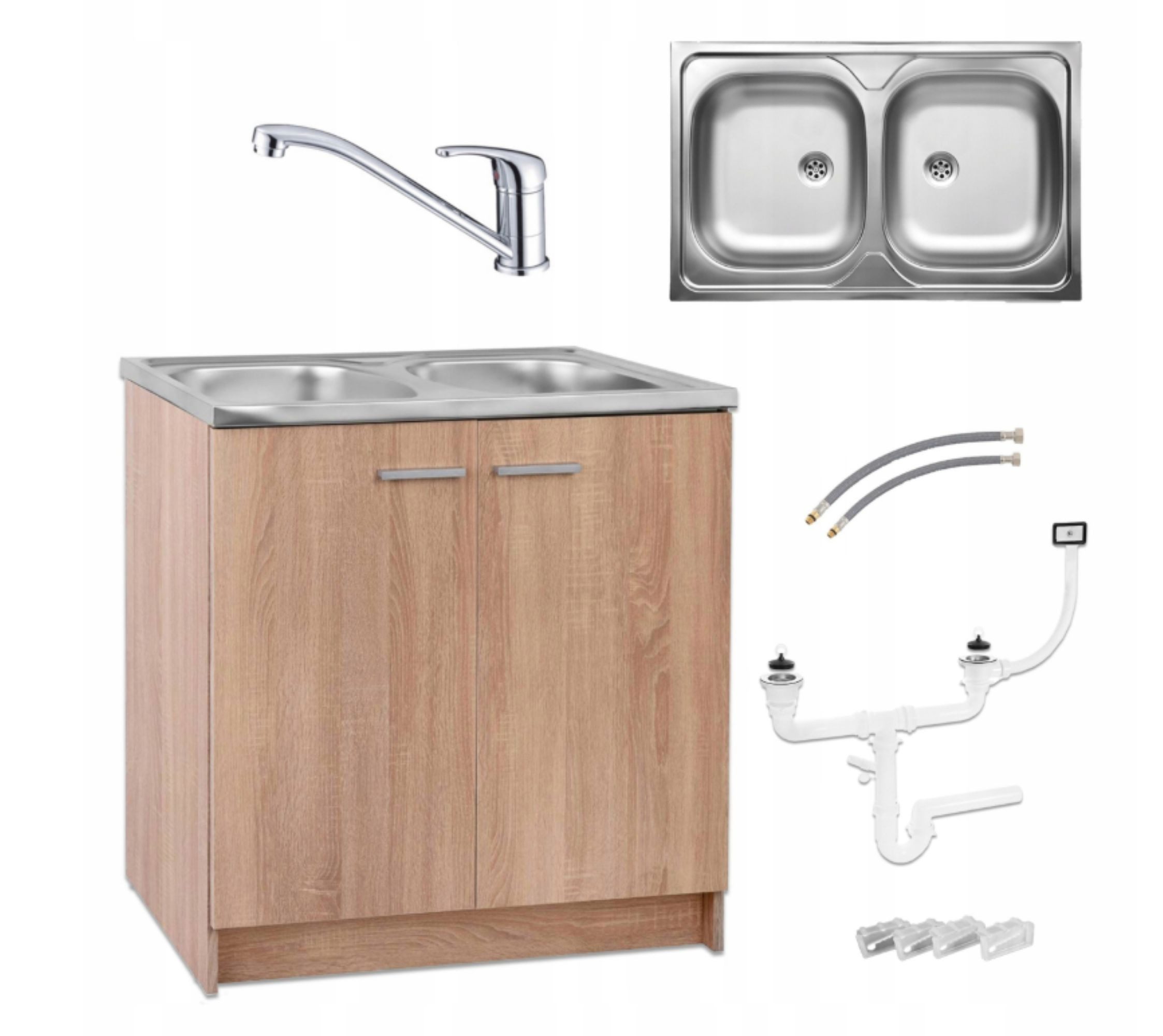 STAMAR Spülenschrank Küchenschrank 80cm Sonoma Spüle 2 Becken Edelstahl Arm günstig online kaufen