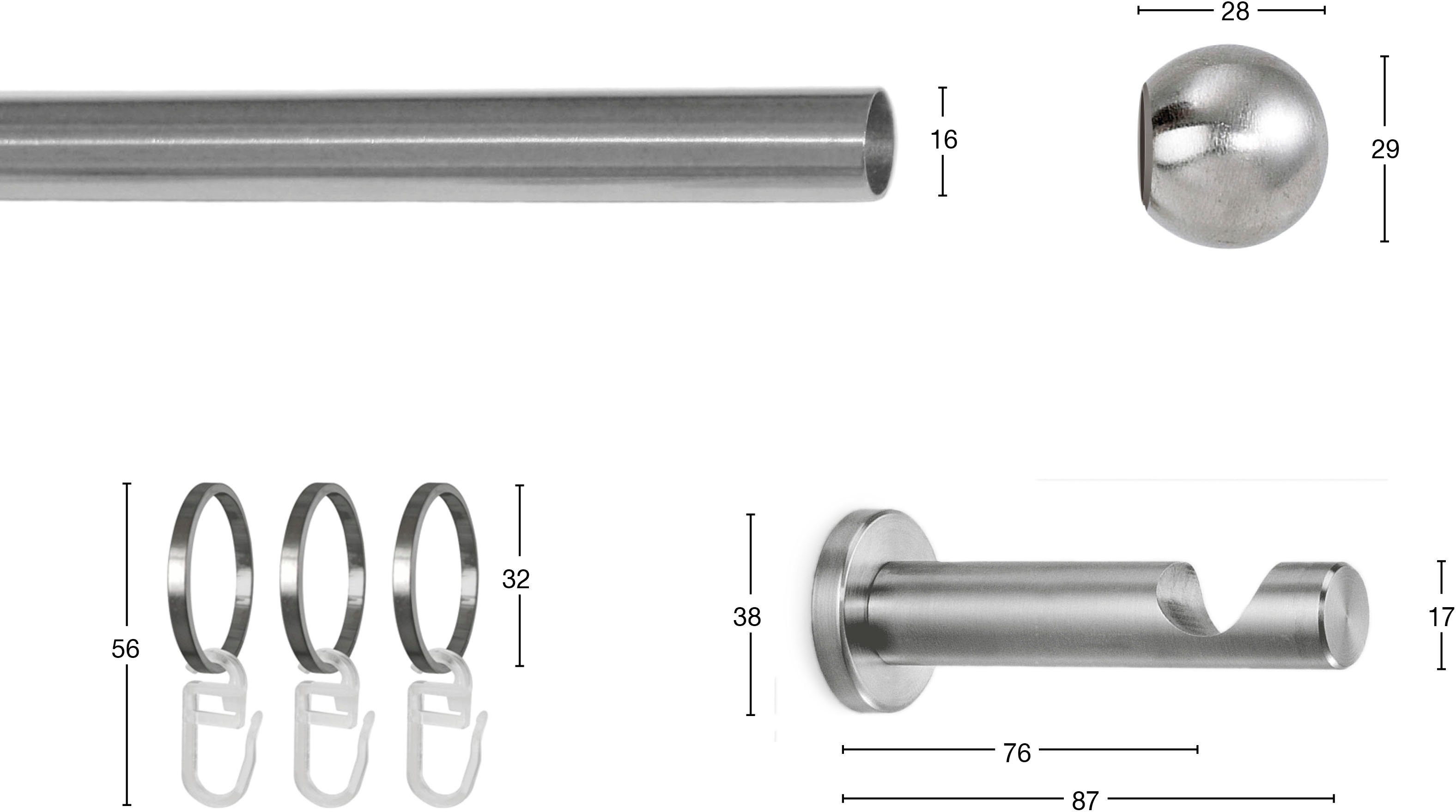 Gardinenstange KUGEL, GARESA, Ø optik, Bohren, 16 mit Vorhanggarnitur, verlängerbar, Wunschmaßlänge, mit Kugel, mm, edelstahl Aluminium, verschraubt, Ringe 1-läufig, Metall