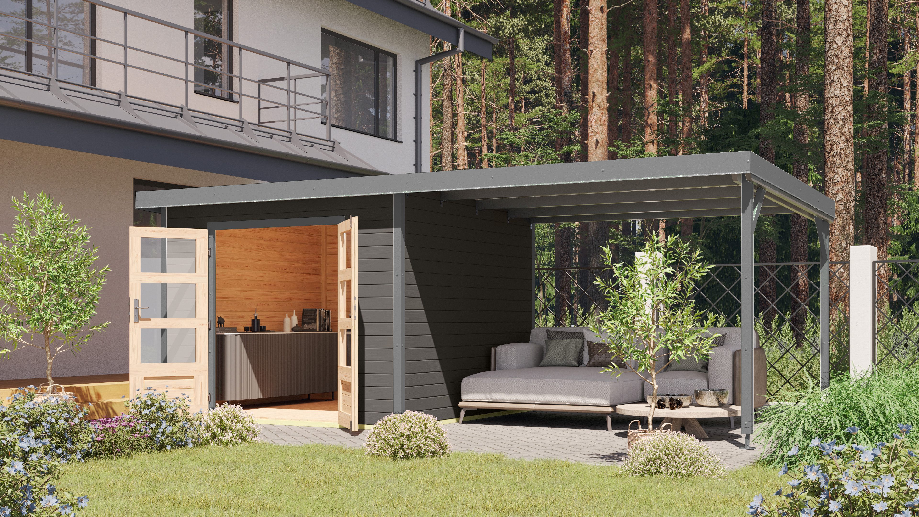 Karibu Gartenhaus Plutino 6 SET, in verschiedenen Farben, BxT: 595,5x292,4 cm, (Set), inkl. Anbaudach