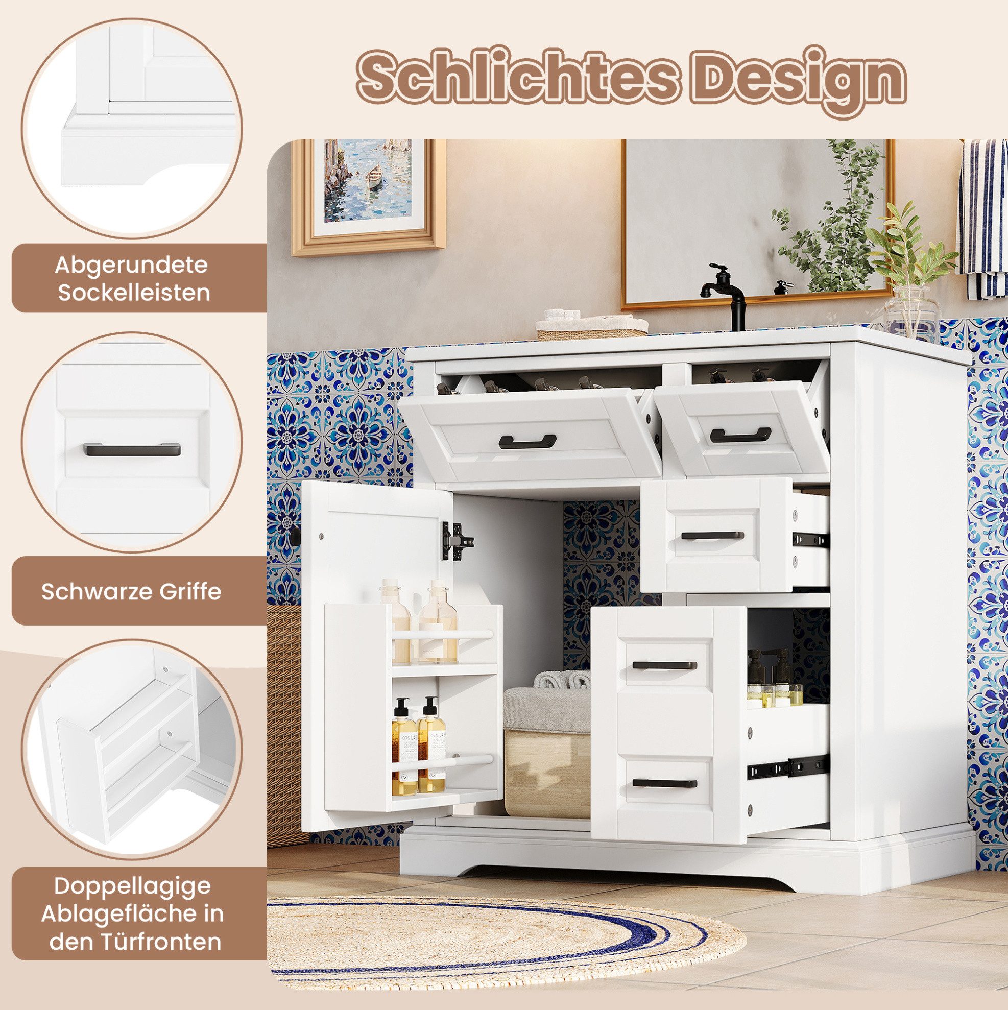 MODFU Waschbeckenunterschrank Badmöbel 76x47x82 cm mit Badezimmerschrank (Keramikwaschbecken und cleverem Stauraum, Badezimmer-Schrank mit Soft-Close-Funktion und seitlichem Auszug) Badschrank