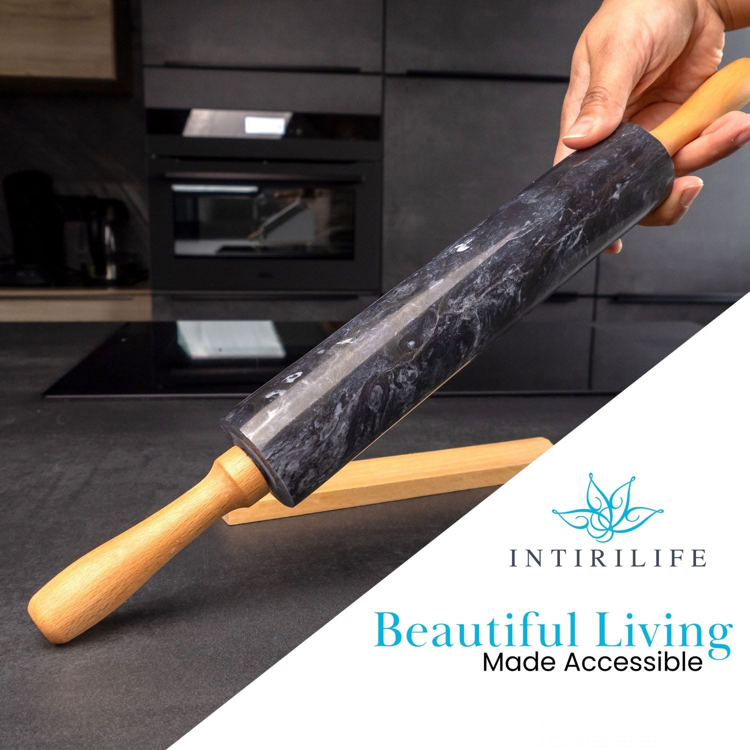 Intirilife Nudelholz Marmor, (1-tlg), Teigrolle, Backrolle, Wellholz, aus natürlichem Marmor