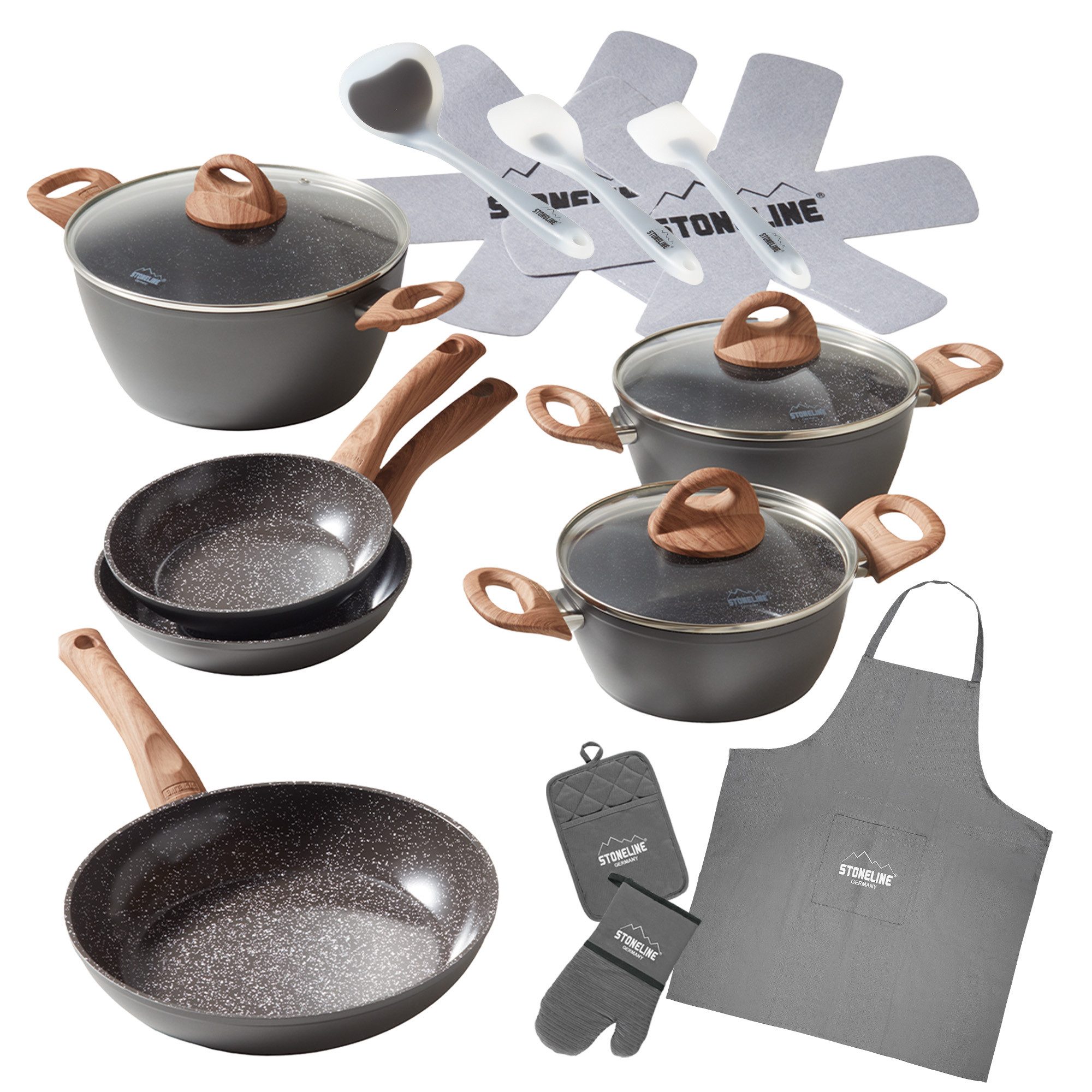 STONELINE Topf-Set STONELINE® 17-teiliges Koch-Set, mit Glasdeckeln, Keramik, Aluminium (Set, 17-tlg), mit echten Steinpartikeln, induktionsgeeignet