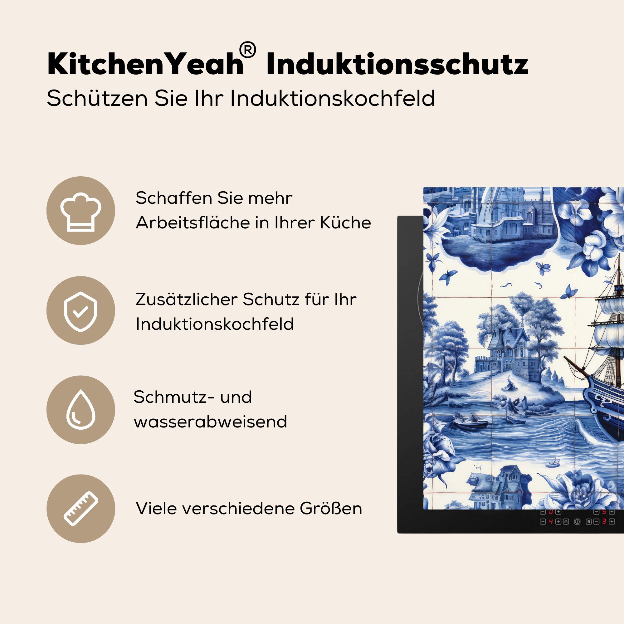 Vinyl, - Boot Blumen Niederländisch, Mobile nutzbar, Herdblende-/Abdeckplatte Ceranfeldabdeckung Blau cm, - Delfter (1 tlg), Meer Arbeitsfläche - MuchoWow 60x52 -