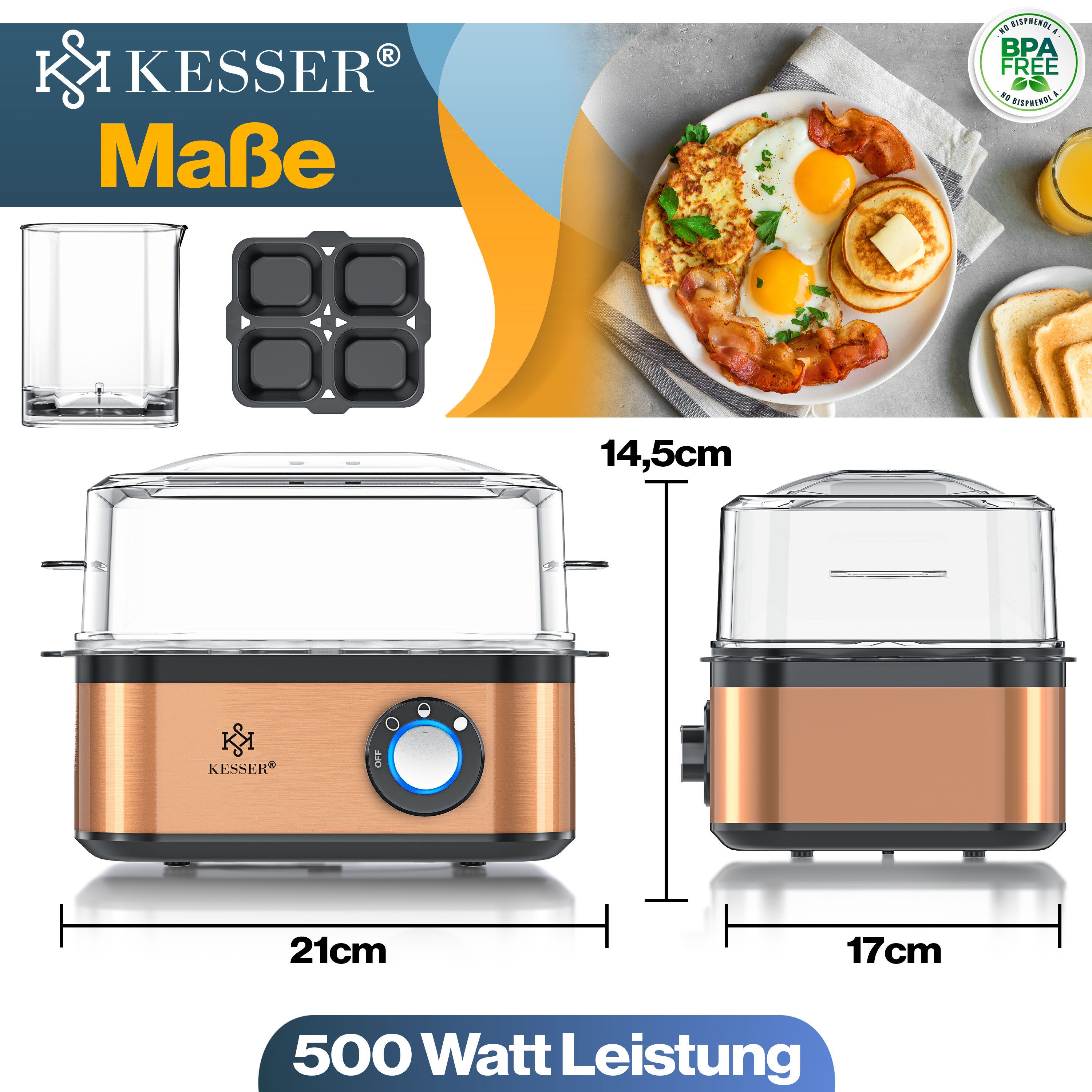 KESSER Eierkocher inkl. Messbecher mit Eipick und Omlettschalen, Bis 8 Eier, 500 W, Warmhaltefunktion, drei Härtegrade