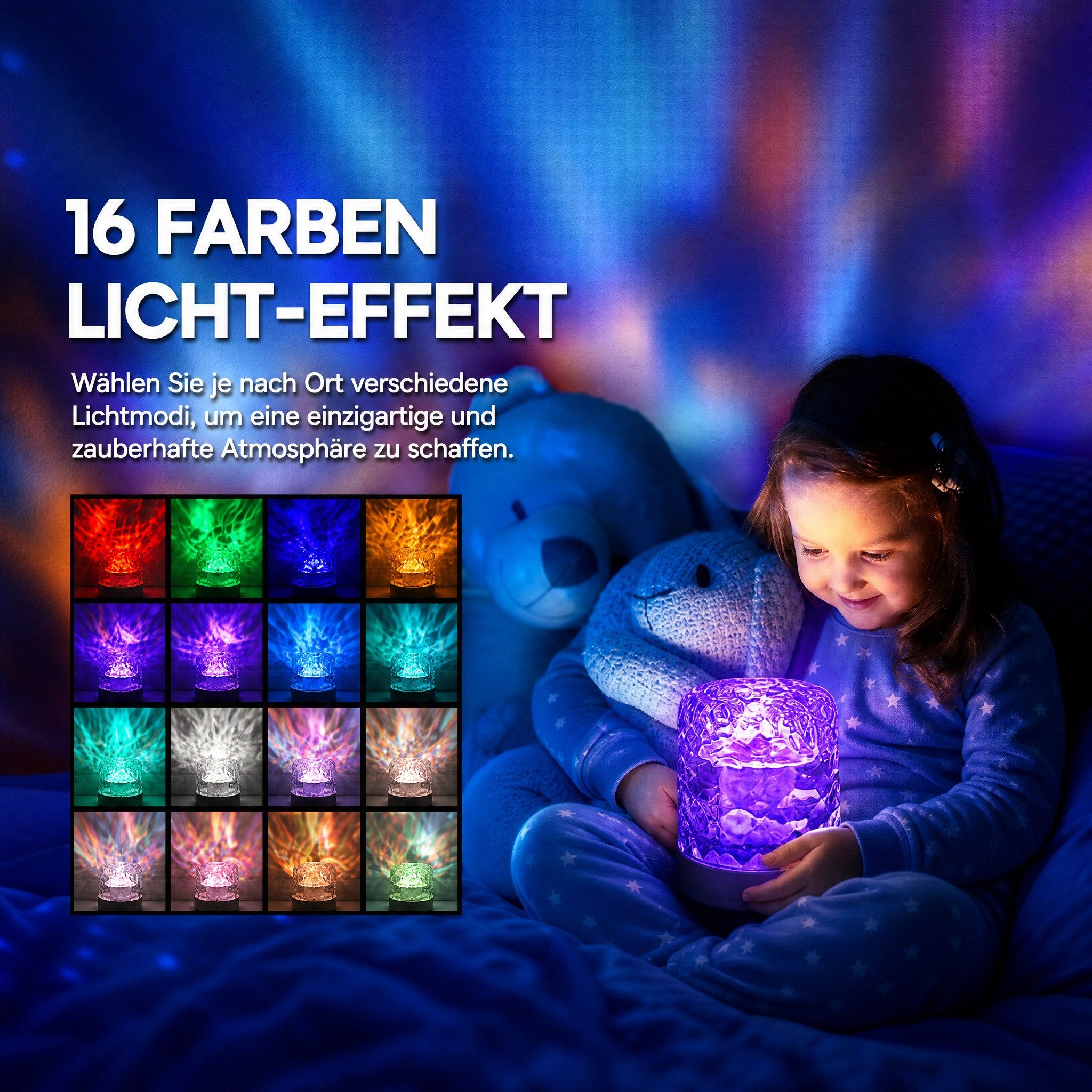 Wootoy Nachtlicht LED Nachtleuchte Nachttischlampe dekorative Stimmungsleuchte, 5 Helligkeitsstufen einstellbar inklusive Fernbedienung, LED fest integriert, Warmes Licht, Wasserwellen-Design Projektor mit 16 Farben