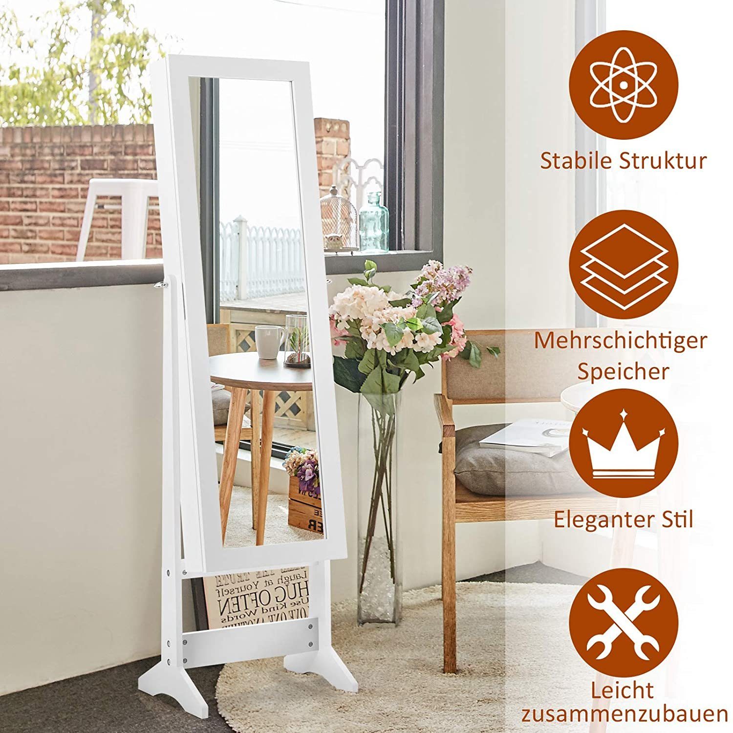 COSTWAY Schmuckregal mit Ganzkörperspiegel, Schmuckschrank neigbar, Schmuckständer