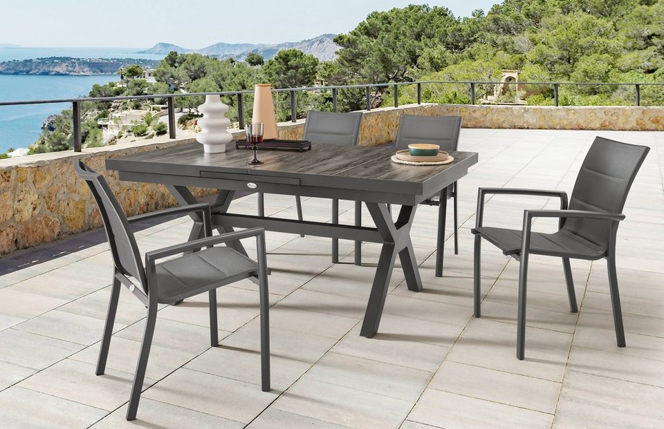 Destiny Garten-Essgruppe COSTA GARDA, 4 Stapelsessel + Ausziehtisch  160/210x100x75 cm, anthrazit