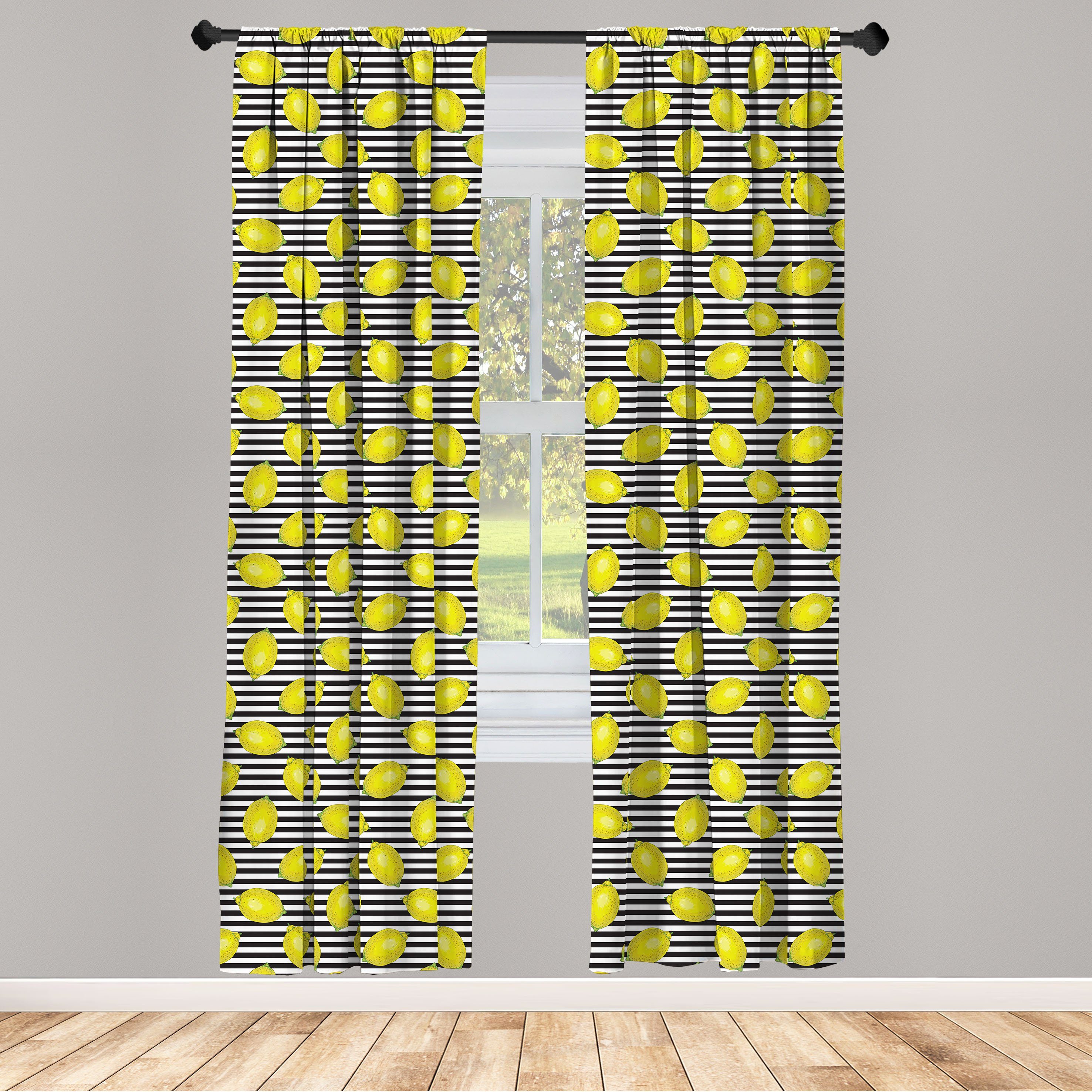 Gardine Vorhang für Wohnzimmer Schlafzimmer Dekor, Abakuhaus, Microfaser, Zitronen Citrus Motiv Stripes Kunst