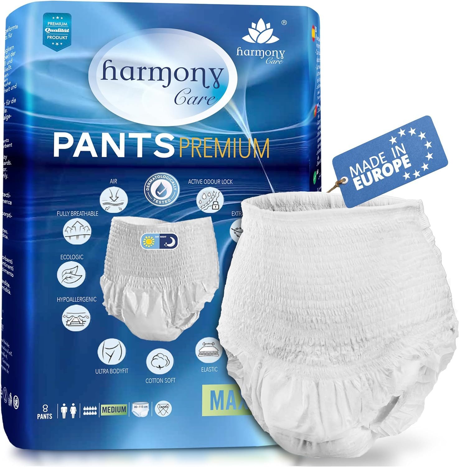 Harmony Care Windeln für Erwachsene - MAXI Windelhosen für Erwachsene - Inkontinenz Pants (saugstarke Erwachsenenwindeln, 8-St., Windeln für Männer, Frauen, Jugendliche), Auslaufsichere Pampers für Erwachsene