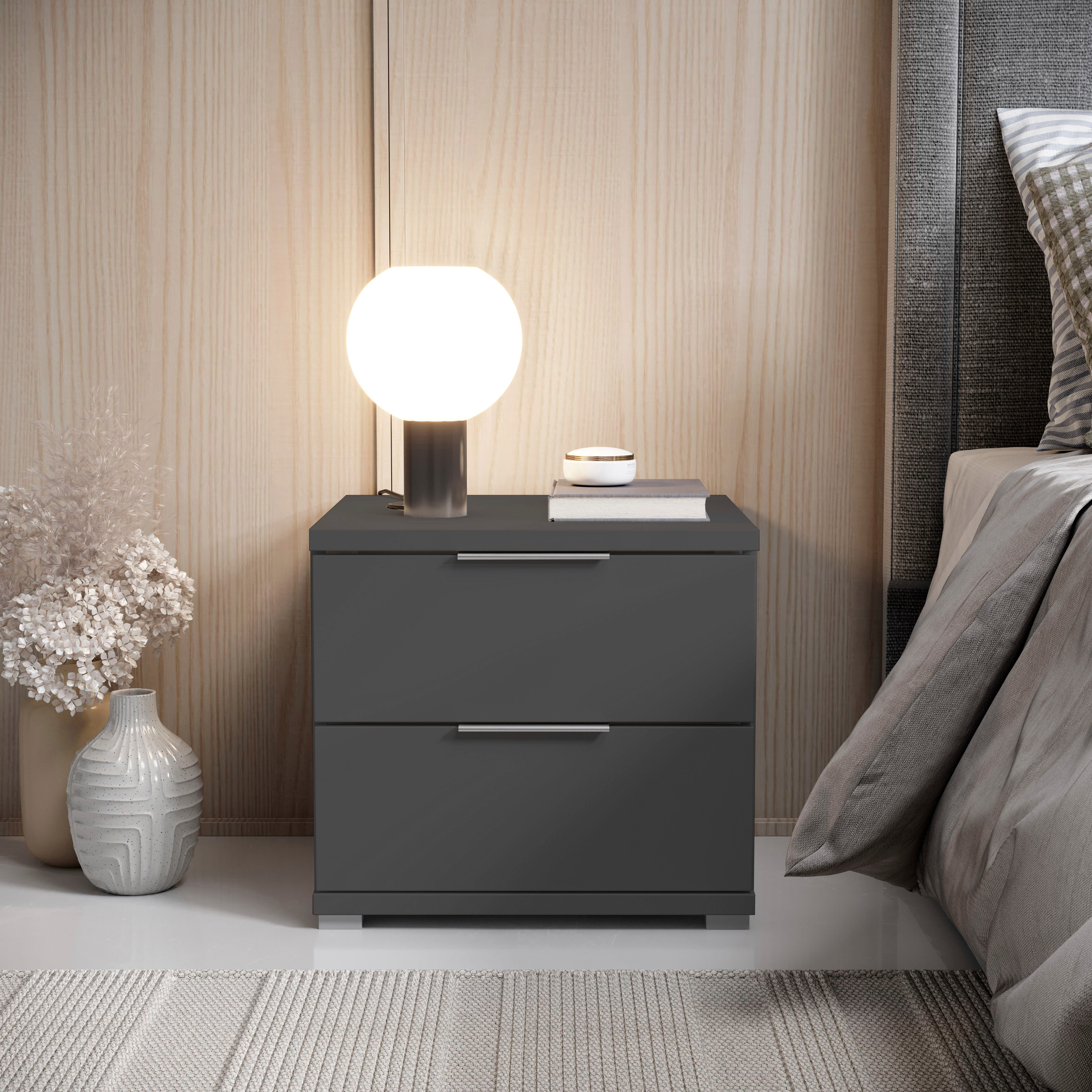 Schlafkontor Nachtkommode Smilla Nachttisch, Nachtkonsole mit Schubkästen, Korpus melaminbeschichtet, silberfarbige oder schwarze Griffe