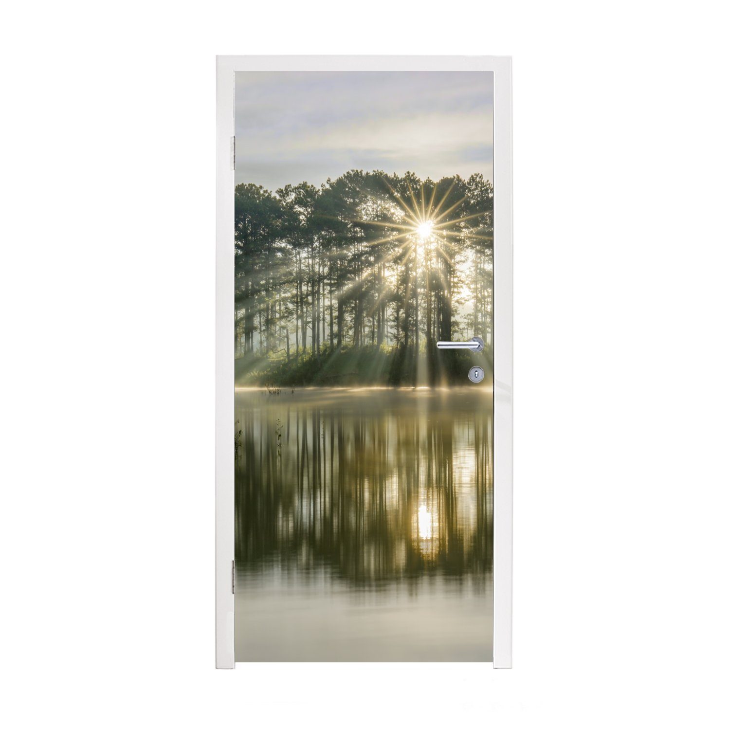für Tür, (1 Türaufkleber, bedruckt, Bäume einem See, 75x205 an MuchoWow cm St), Matt, durch Sonnenstrahlen die Türtapete Fototapete ruhigen