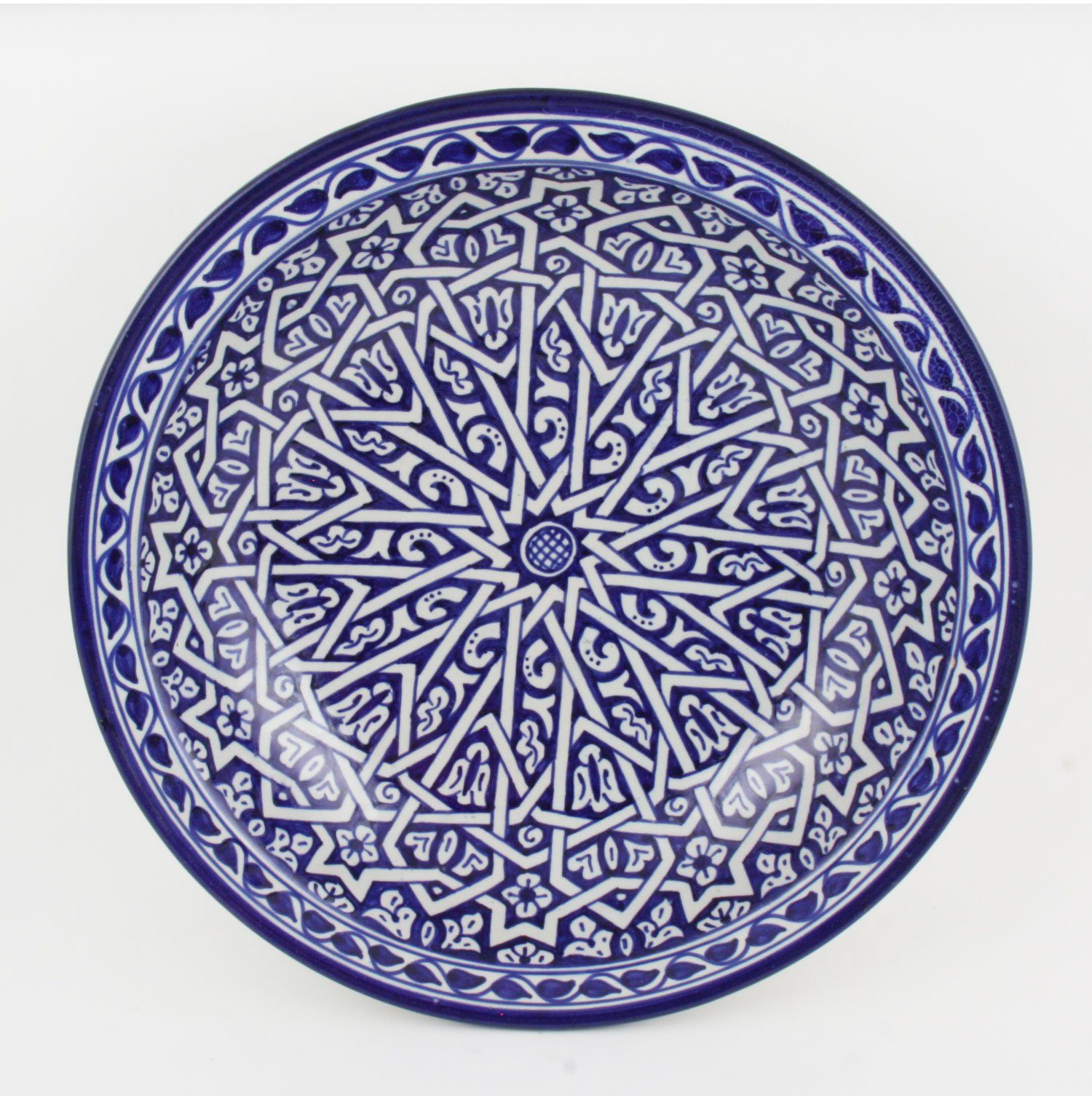 Casa Moro Dekoteller (Orientalischer Moro Deko-Teller Ø F016 Casa blau 34cm aus weiß), Handmade KSF016 in Marokko Keramik-Schale mit Handbemalte