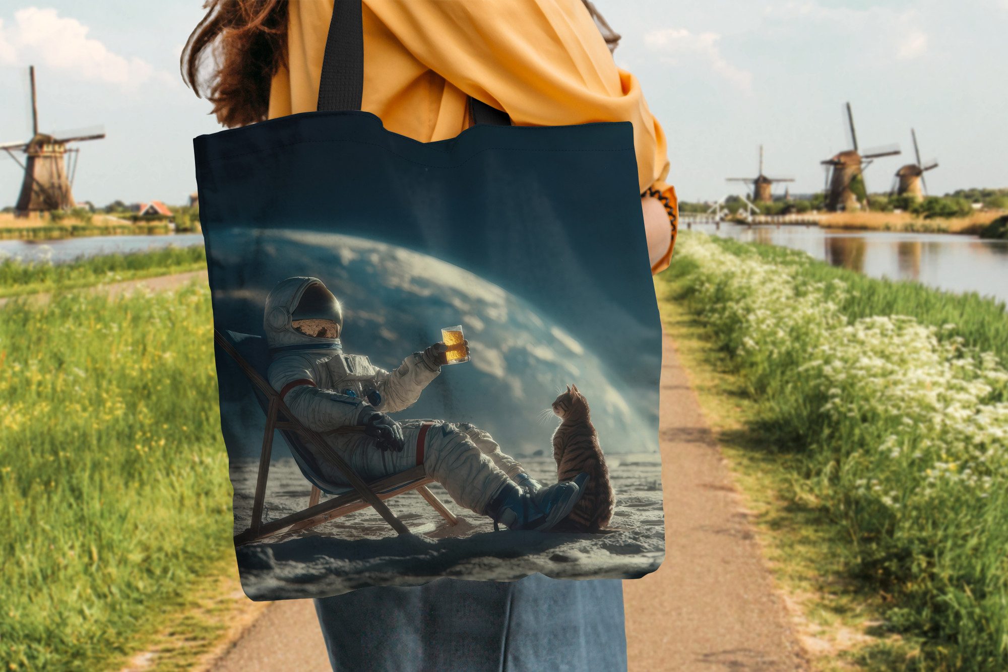 MuchoWow Shopper Astronaut - Katze - Glas - Stuhl, Handtasche, Damen und Herren, Schultertasche, Umhängetasche, Tote Bag