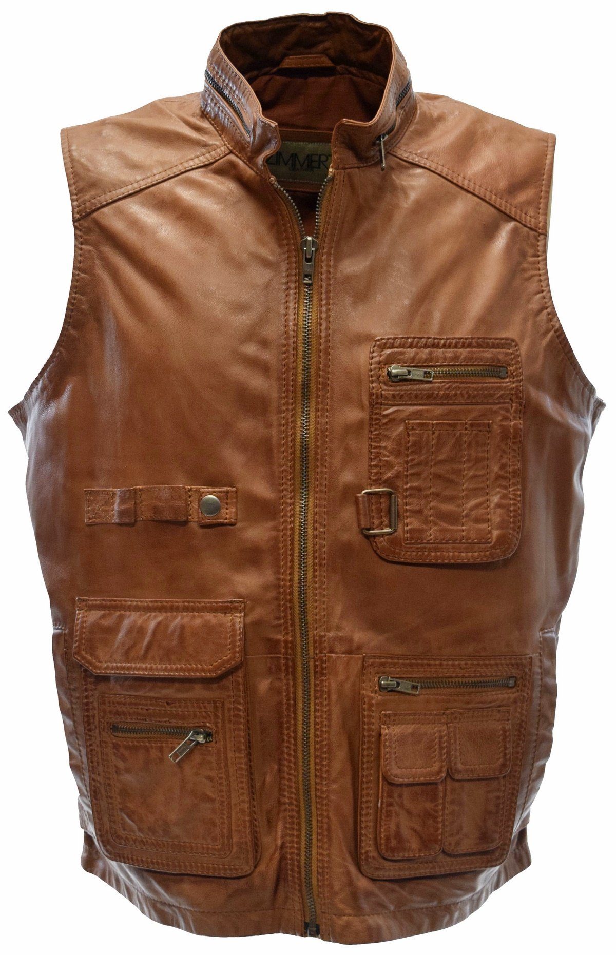 Leather Julius Fronttaschen, Outdoor-Weste Dunkelbraun, Zimmert Cognac, praktische Lederweste